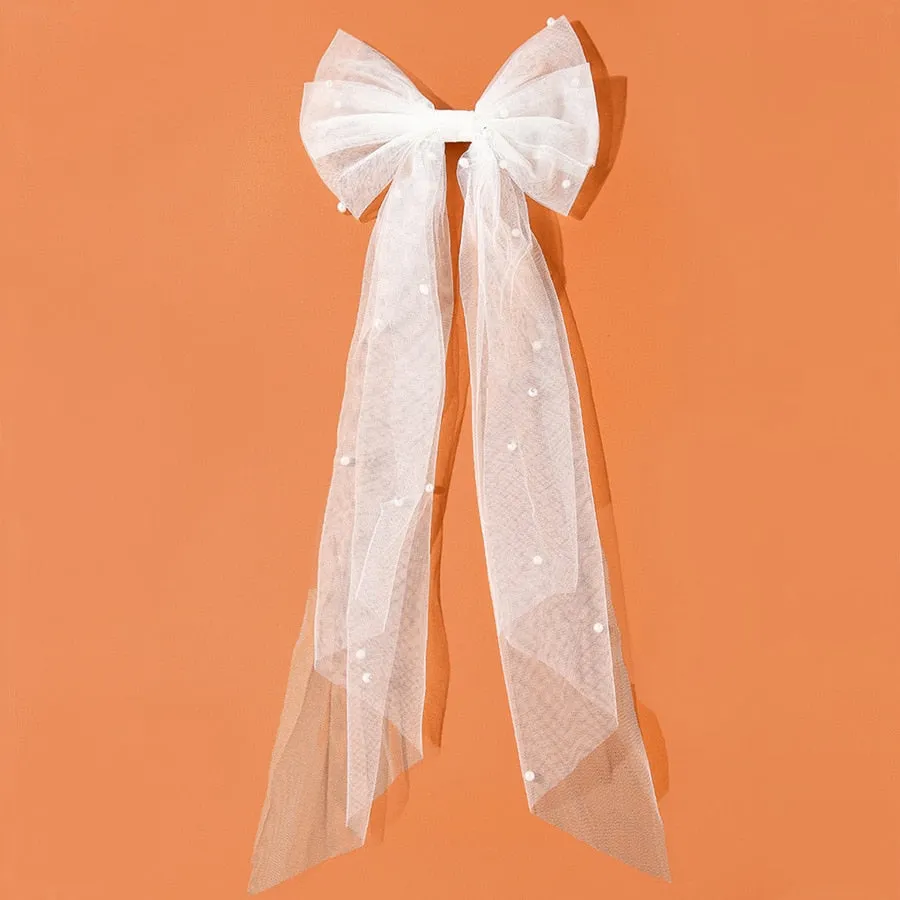 LANFUBEISI New Long  Lady Wedding Girls Spring Clip Hair Accessory for Women White Oversize Bow Hairpin Net Yarn  Bowknot Ribbon Hair Clip