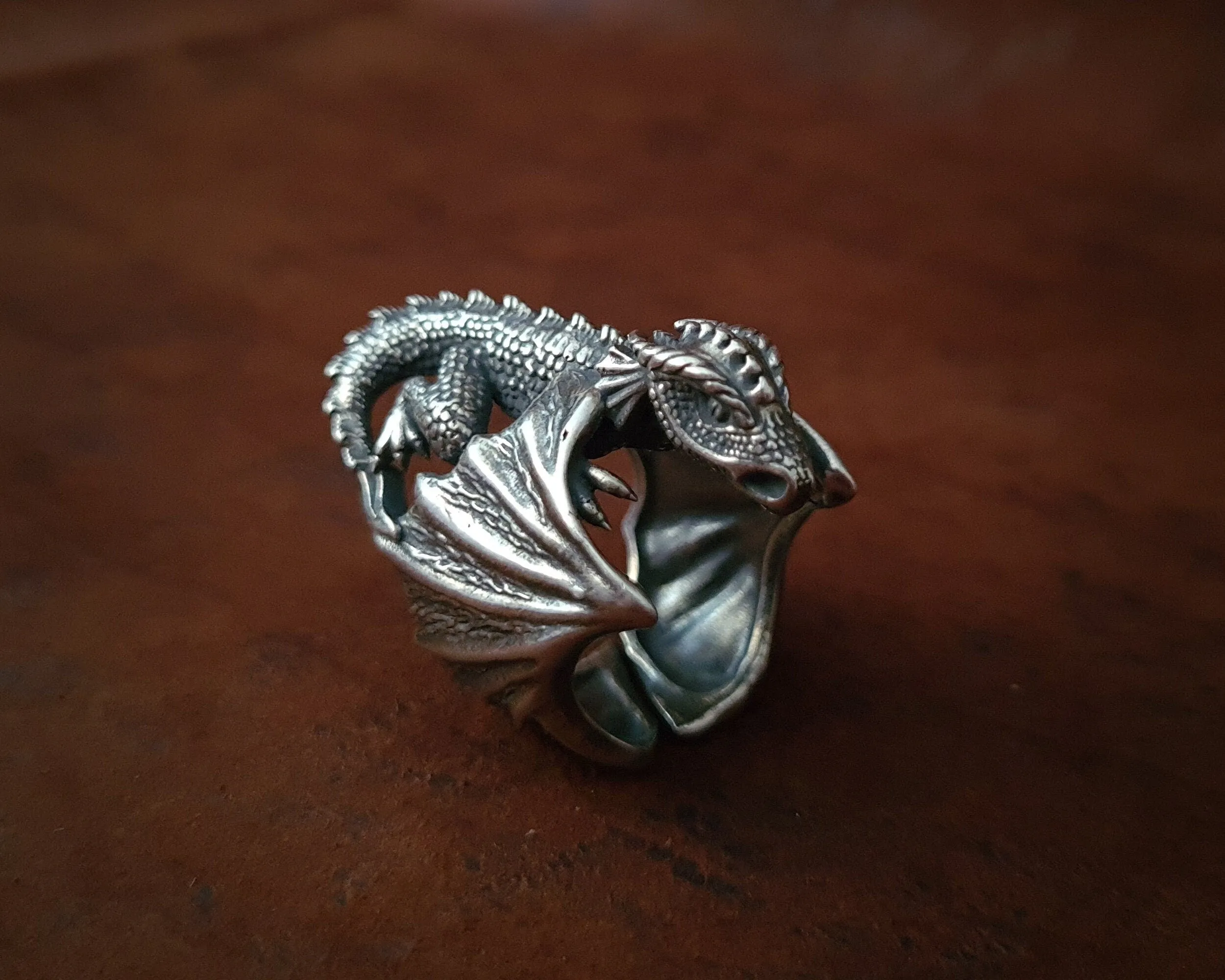Large 925 Sterling Silver Dragon Celtic Fantasy Viking Adjustable Ring