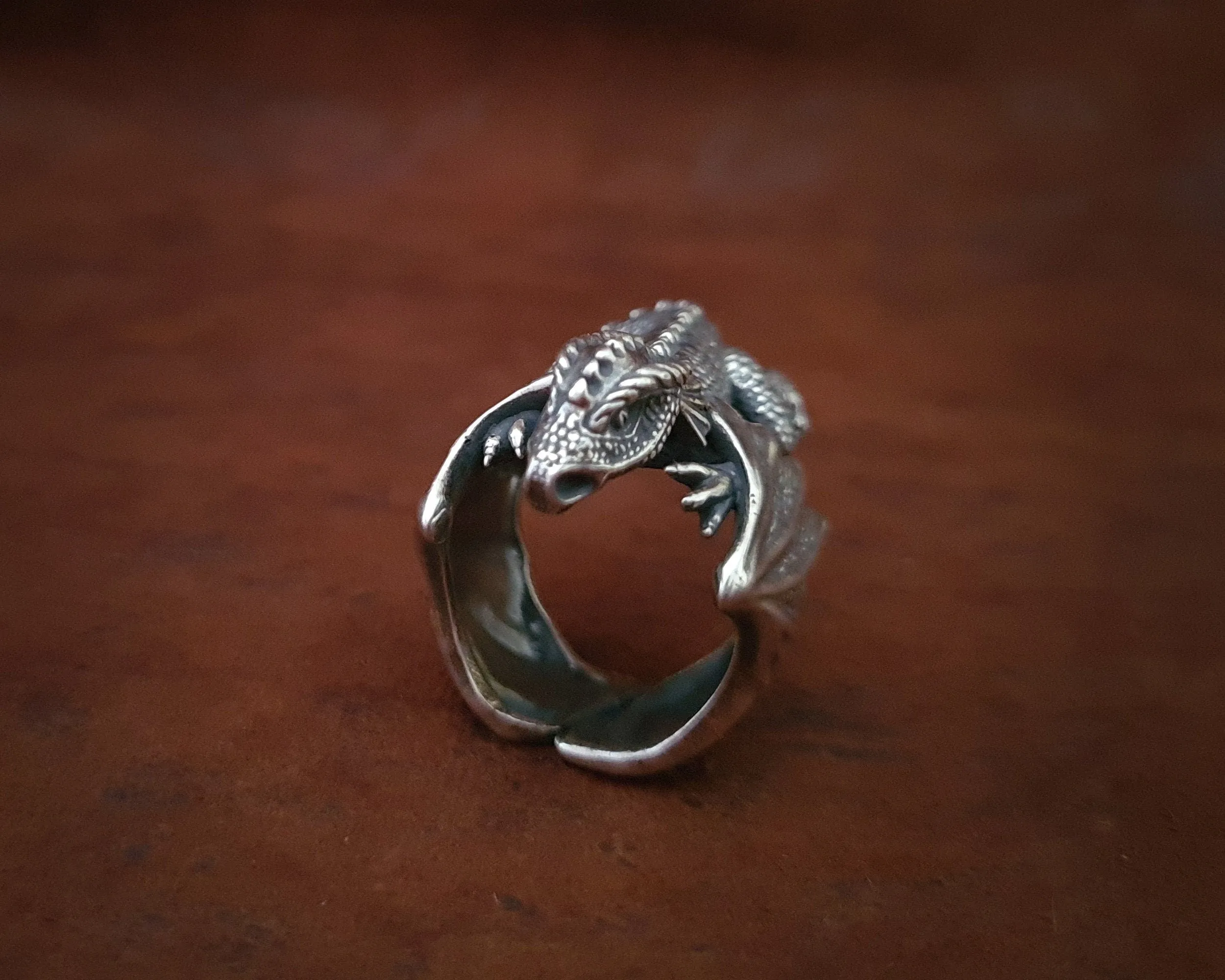 Large 925 Sterling Silver Dragon Celtic Fantasy Viking Adjustable Ring