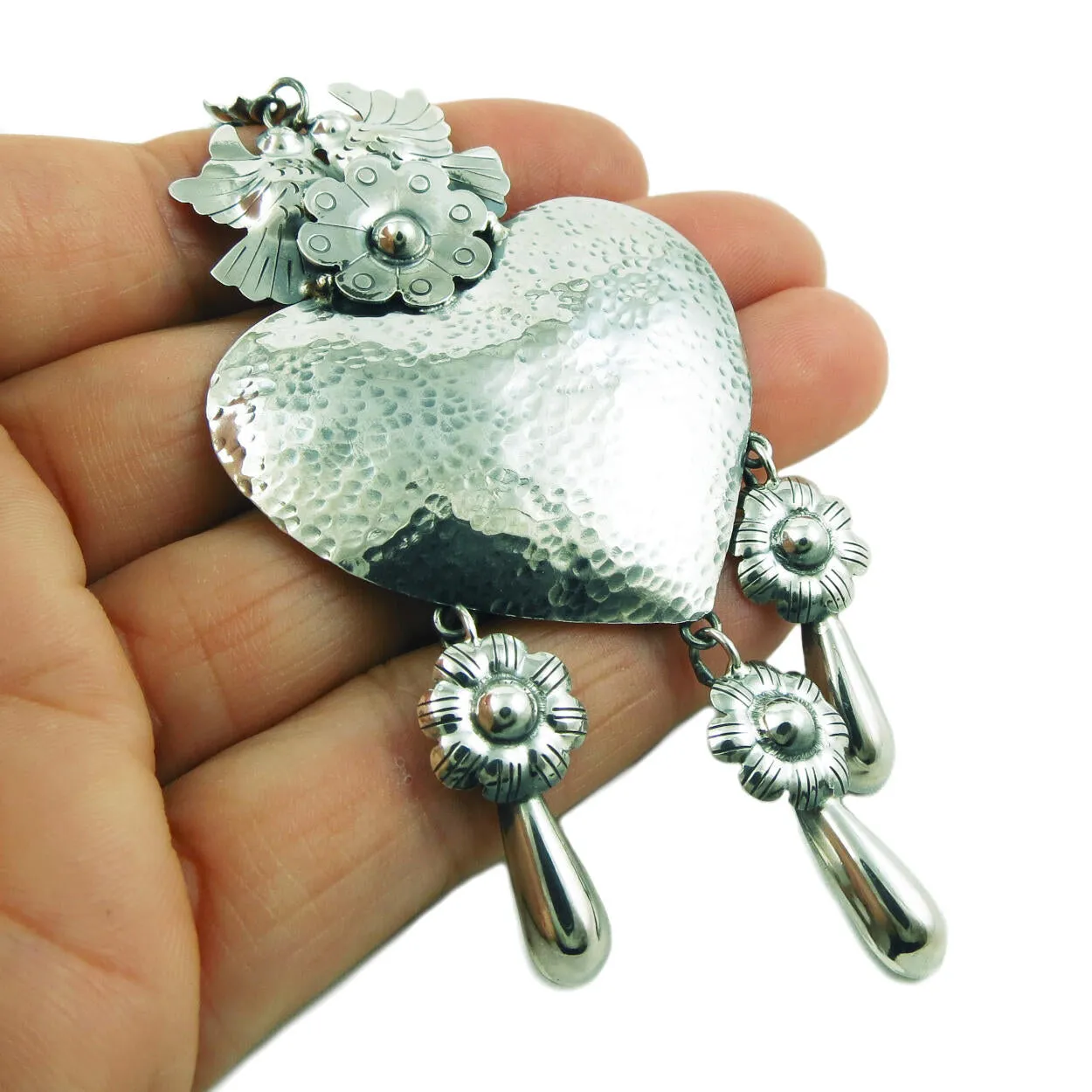 Large Hallmarked 925 Sterling Silver Handmade Heart Chandelier Pendant