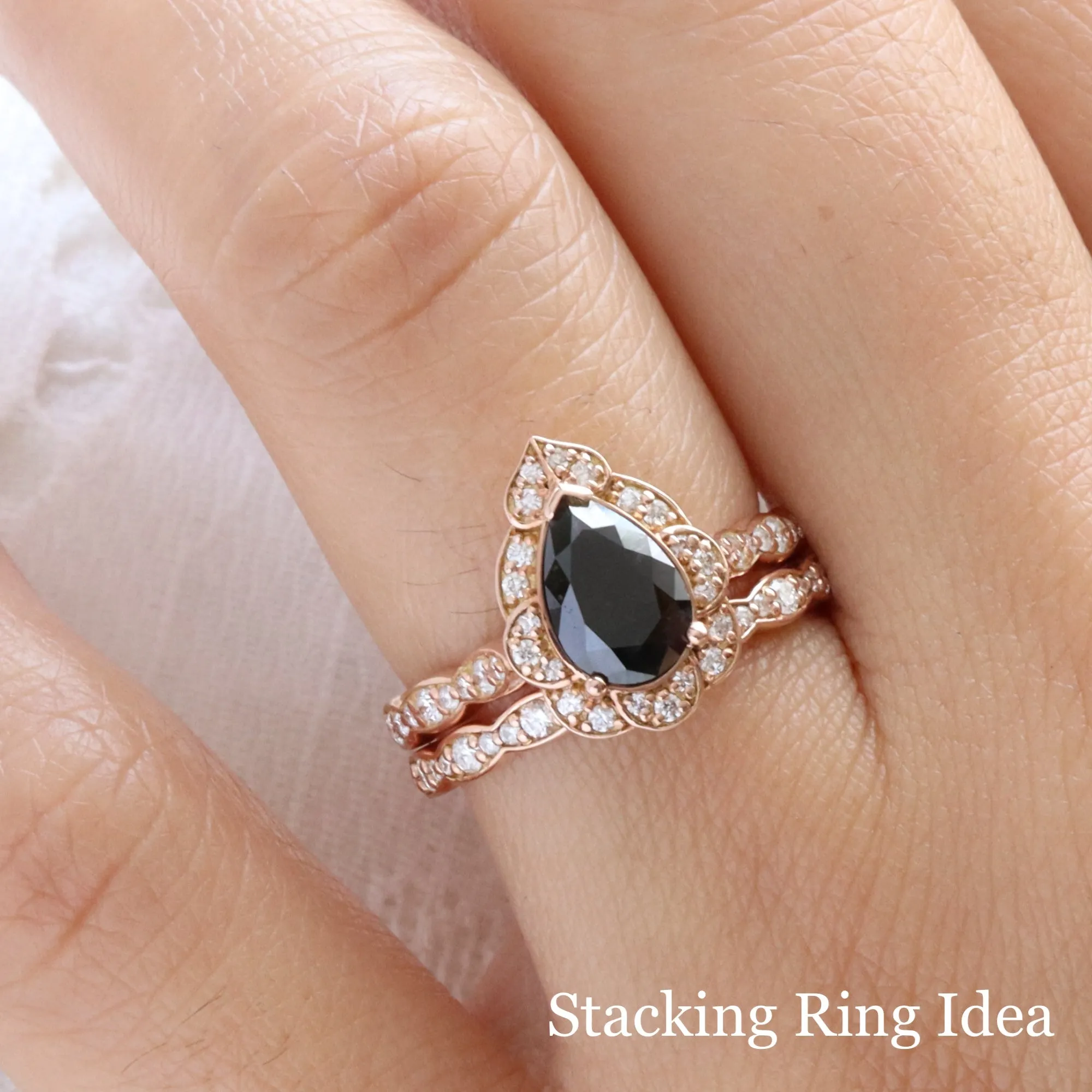 Large Pear Black Diamond Ring in Vintage Floral Scalloped Band