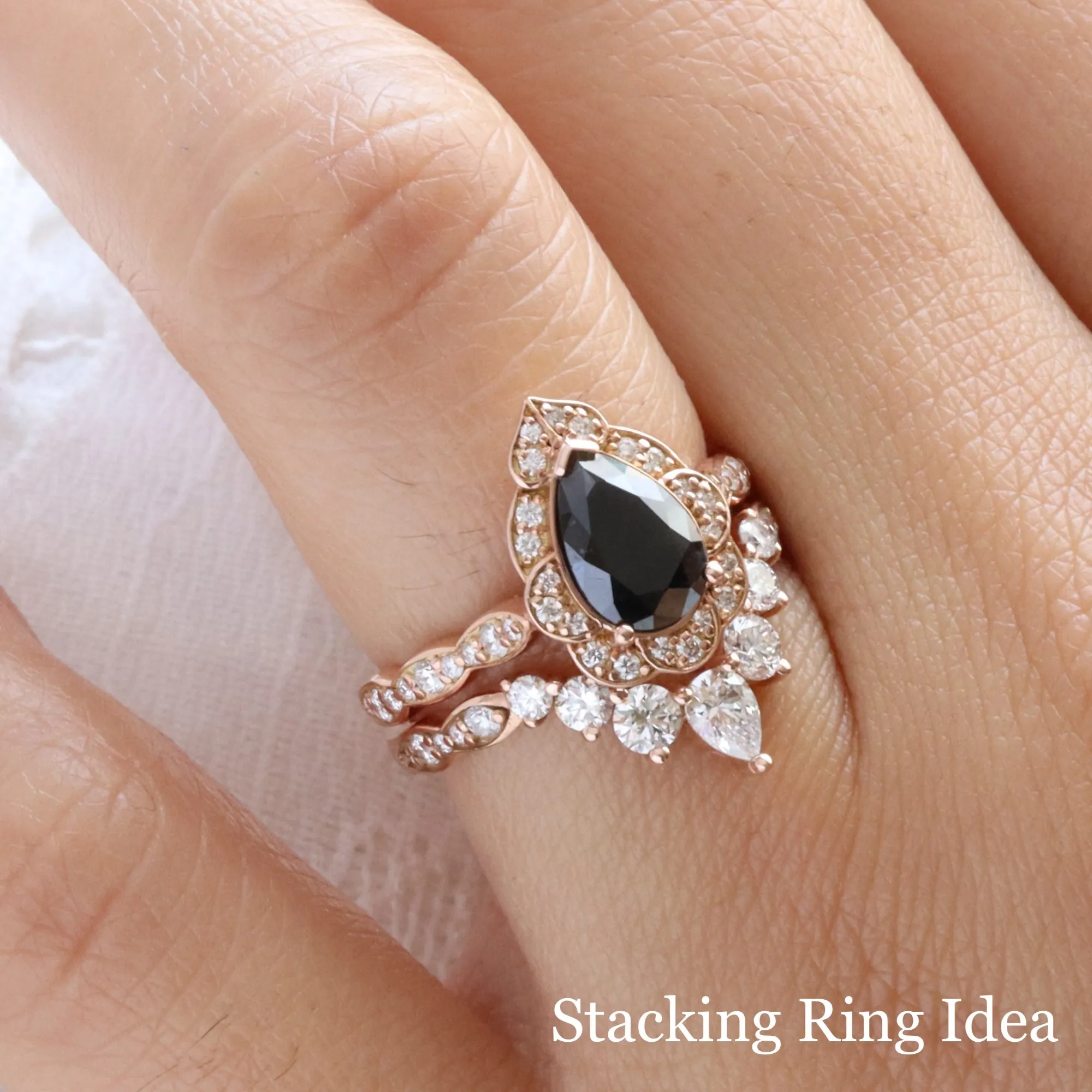 Large Pear Black Diamond Ring in Vintage Floral Scalloped Band