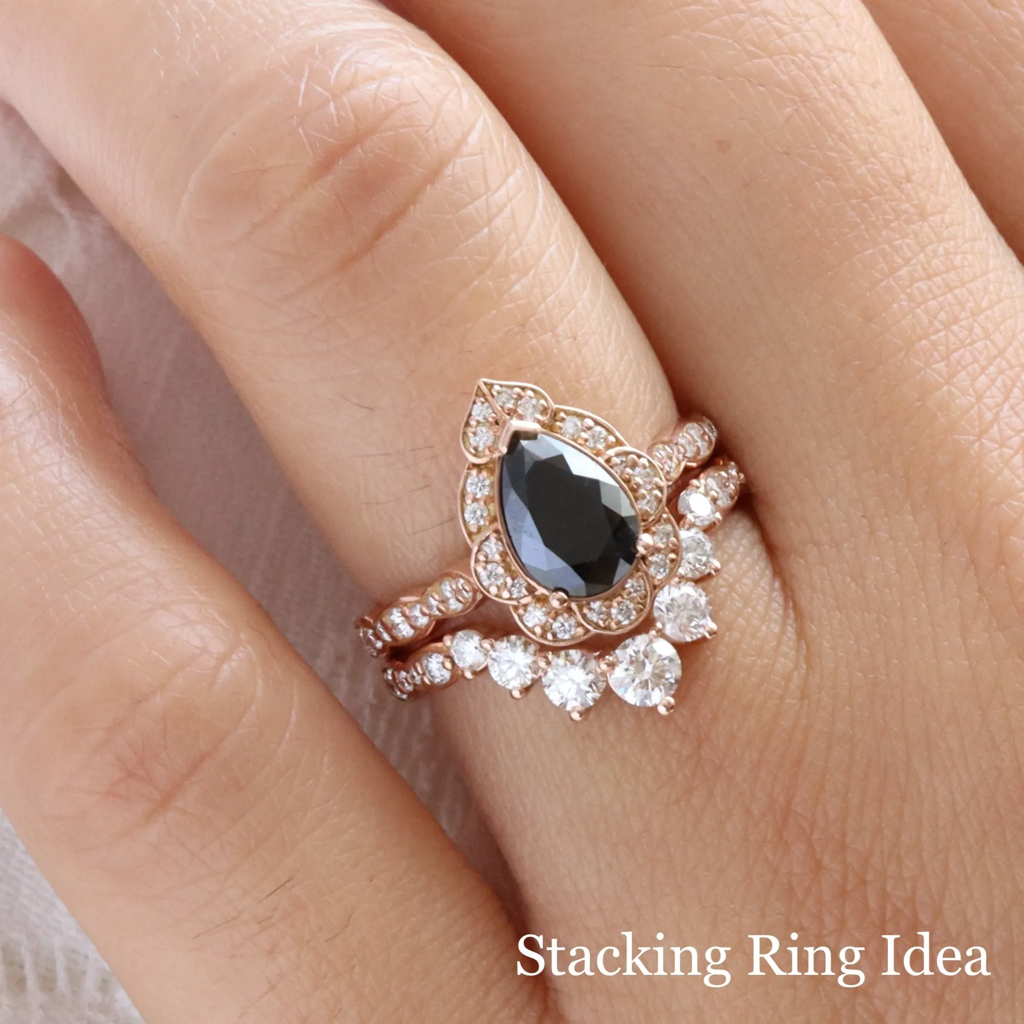 Large Pear Black Diamond Ring in Vintage Floral Scalloped Band