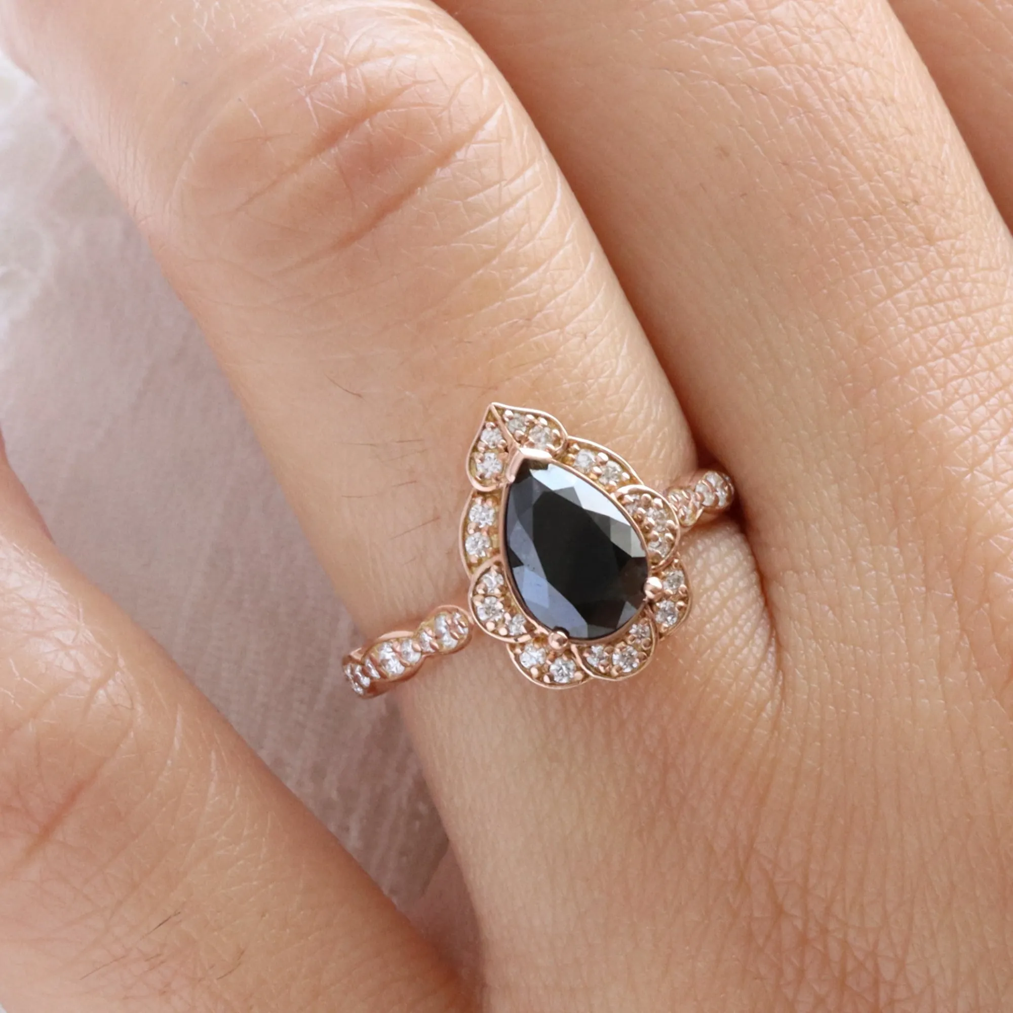 Large Pear Black Diamond Ring in Vintage Floral Scalloped Band