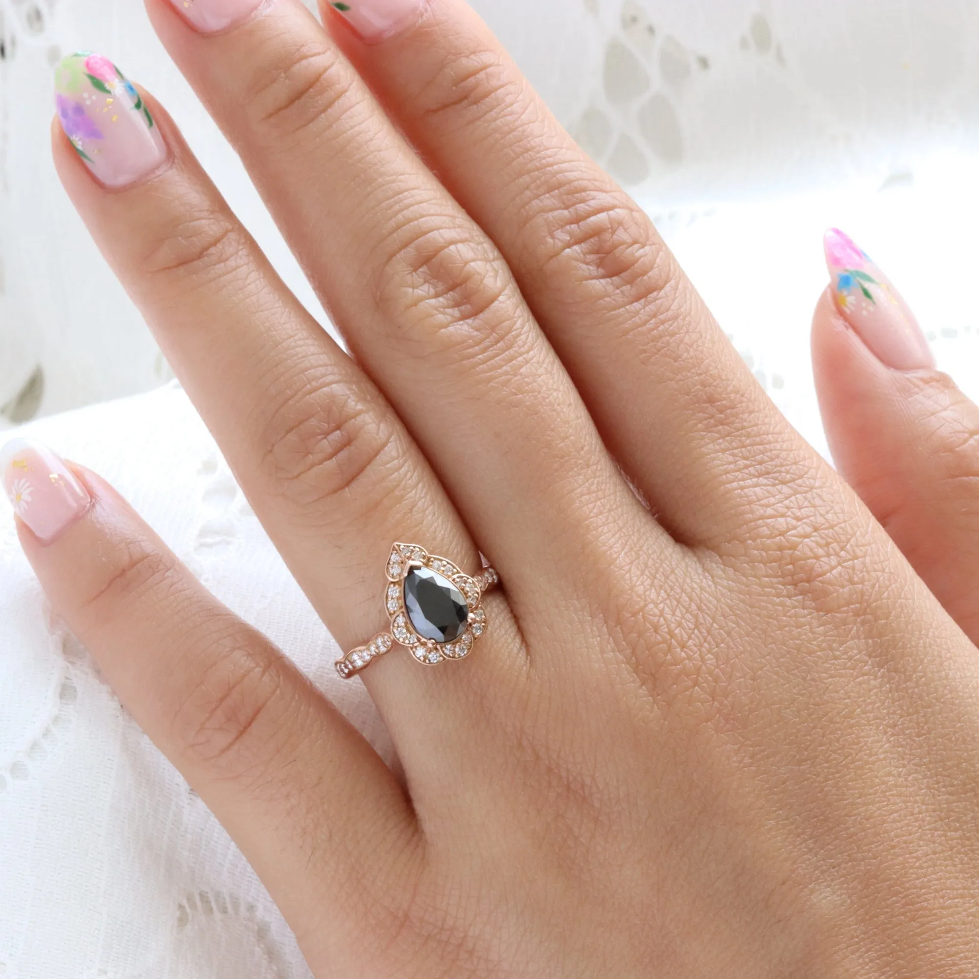 Large Pear Black Diamond Ring in Vintage Floral Scalloped Band