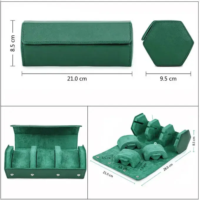 Leather Travel Watch Case Roll Organizer Classic Green-3 Slot