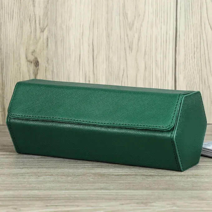 Leather Travel Watch Case Roll Organizer Classic Green-3 Slot