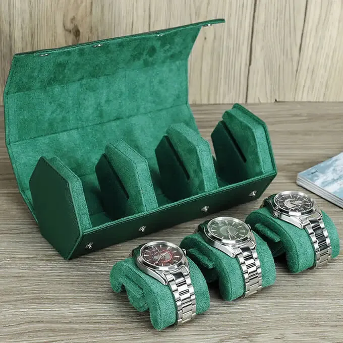 Leather Travel Watch Case Roll Organizer Classic Green-3 Slot