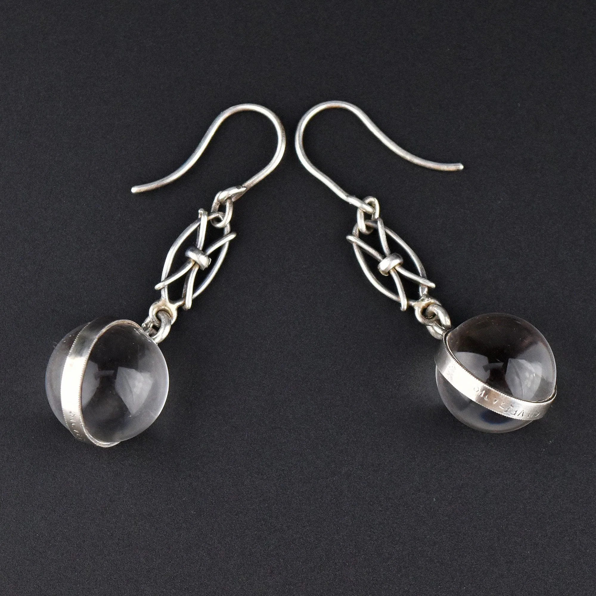 Long Art Deco Silver Pools of Light Rock Crystal Earrings