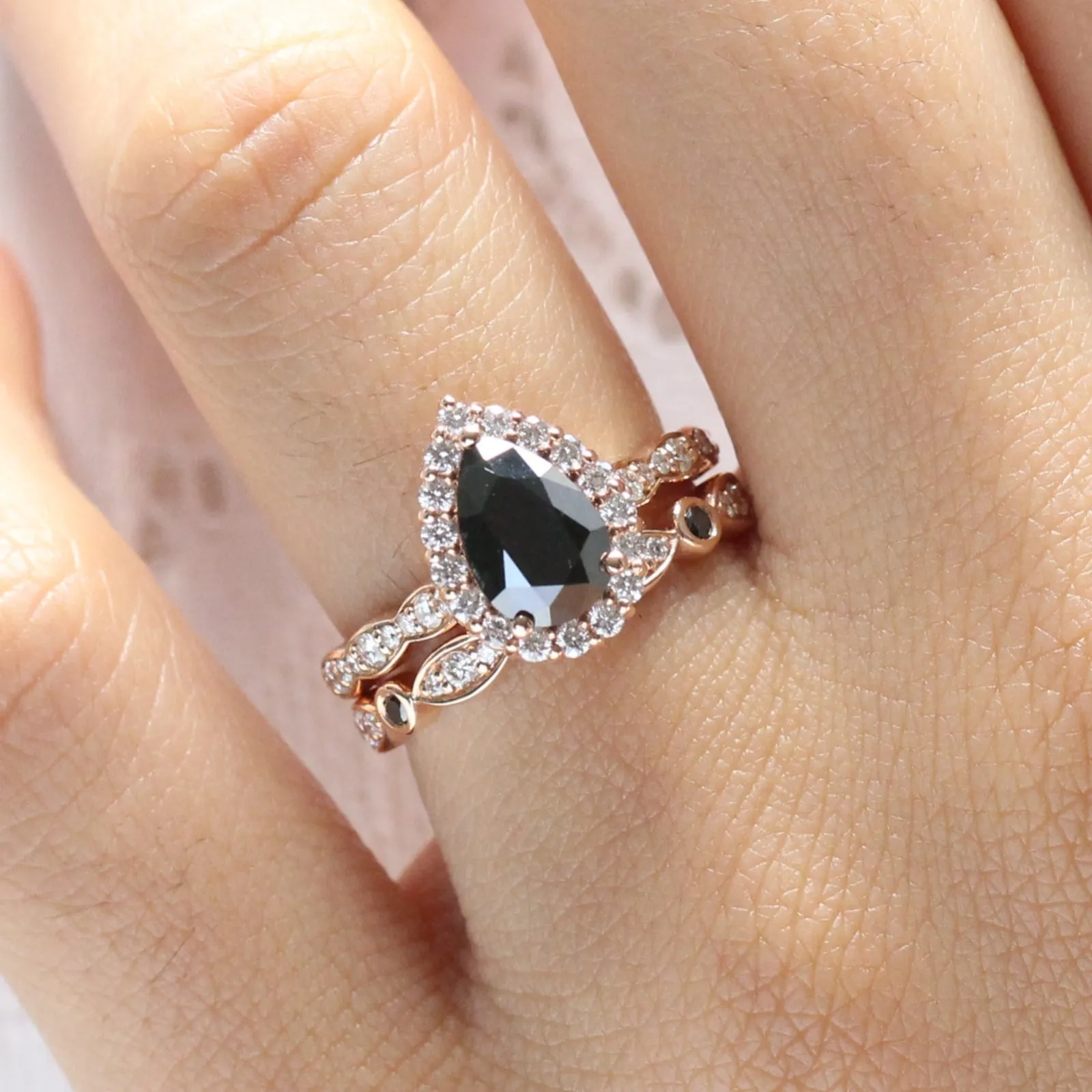 Luna Halo Black Diamond Pear Ring Set w/ Black and White Diamond Wedding Band