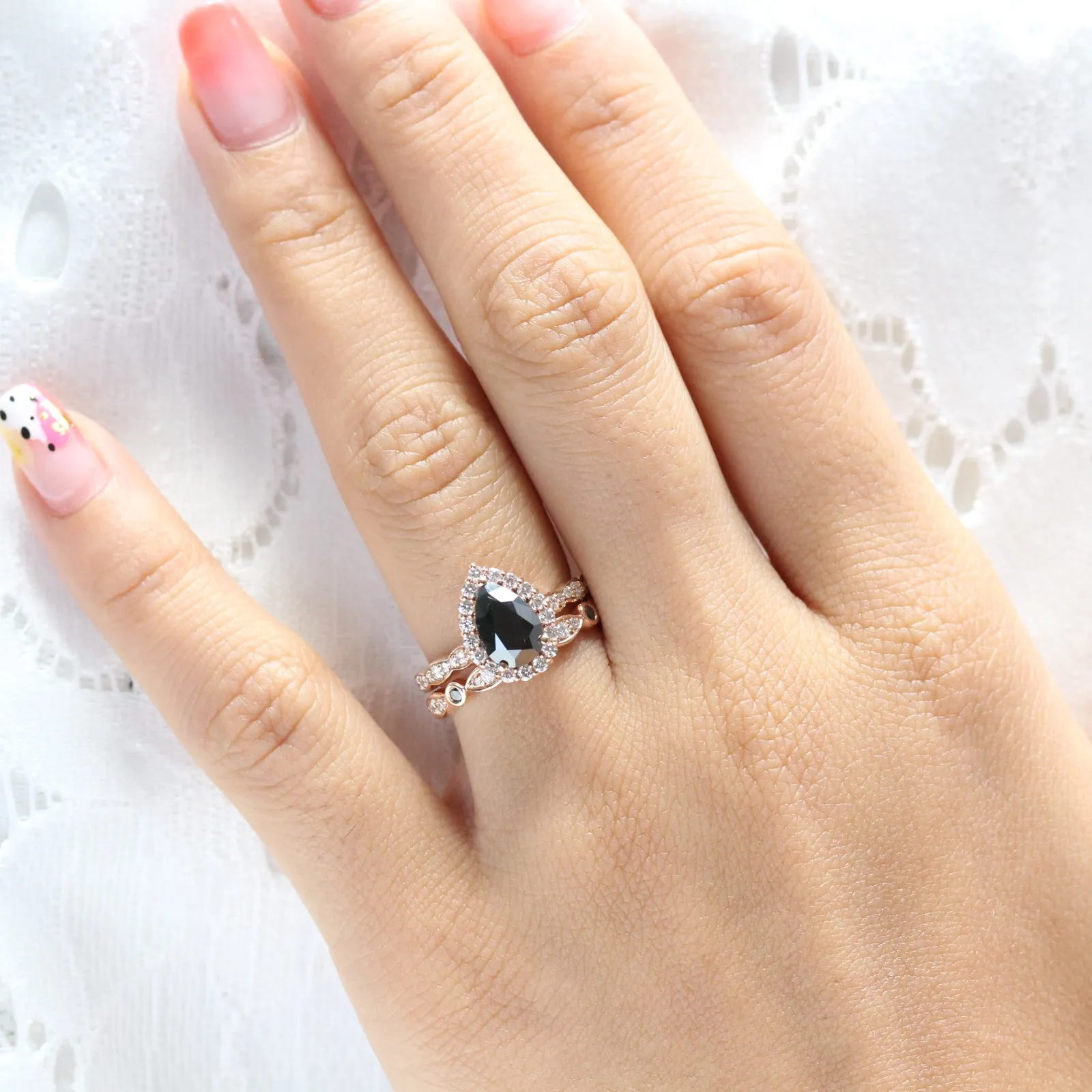 Luna Halo Black Diamond Pear Ring Set w/ Black and White Diamond Wedding Band