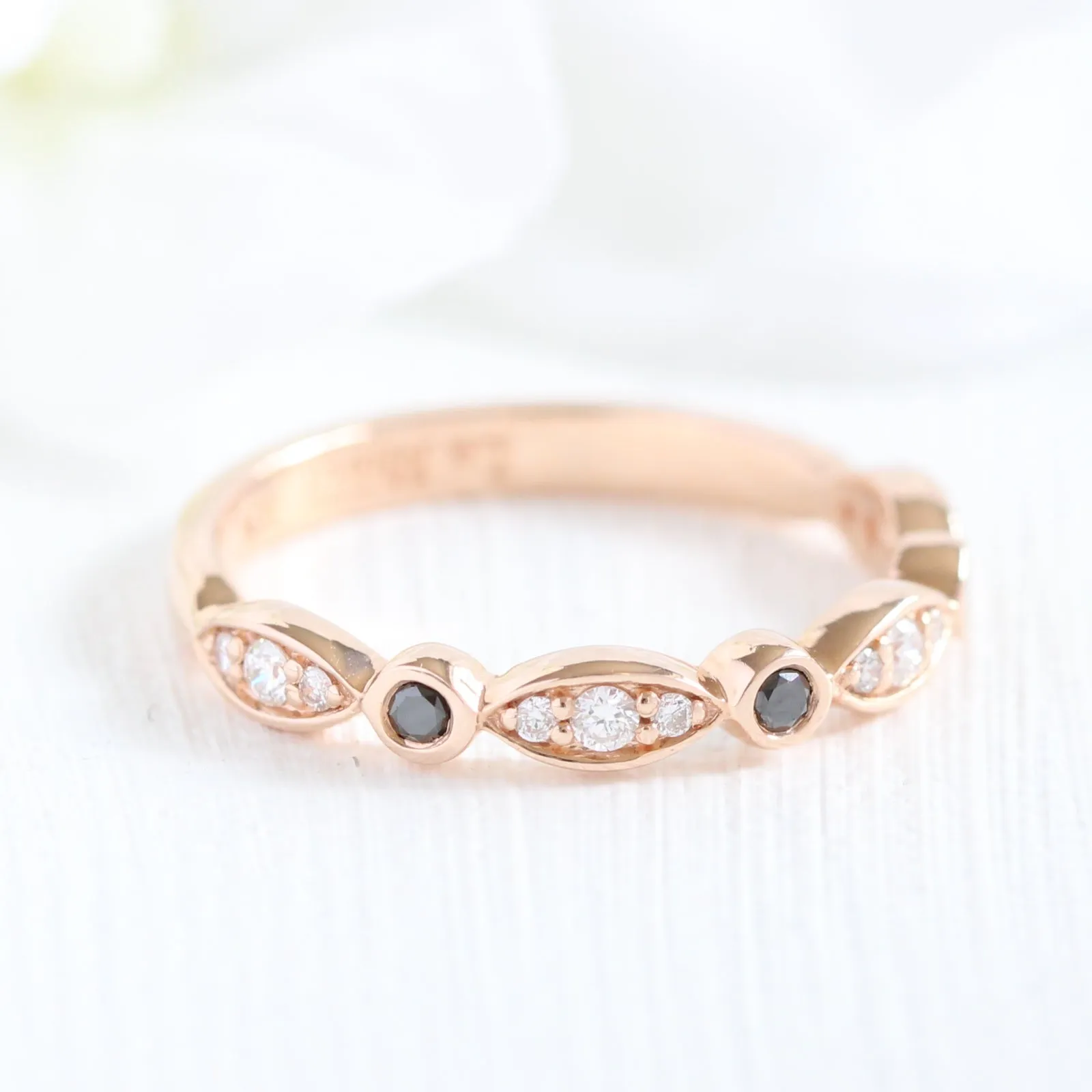 Luna Halo Black Diamond Pear Ring Set w/ Black and White Diamond Wedding Band