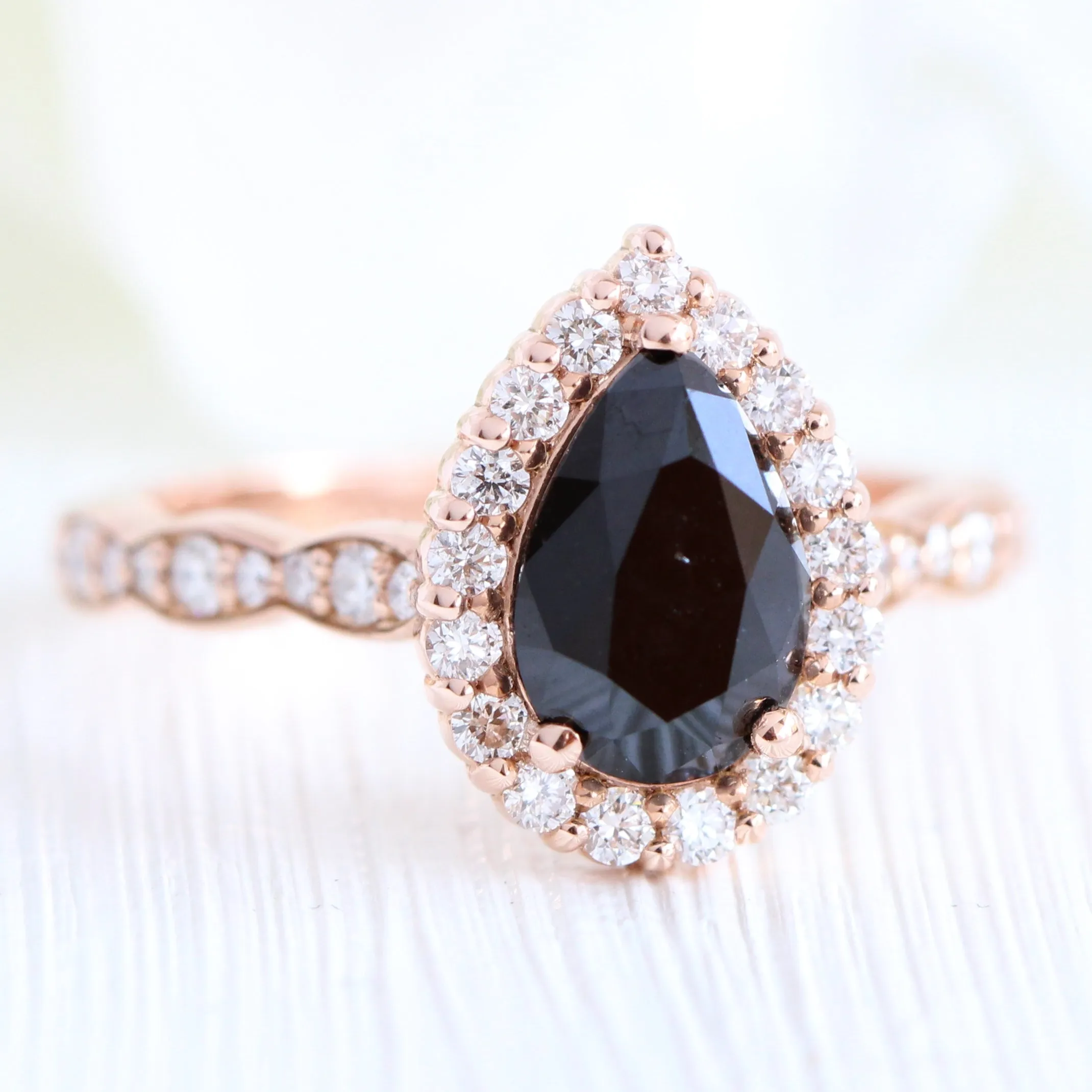 Luna Halo Black Diamond Pear Ring Set w/ Black and White Diamond Wedding Band