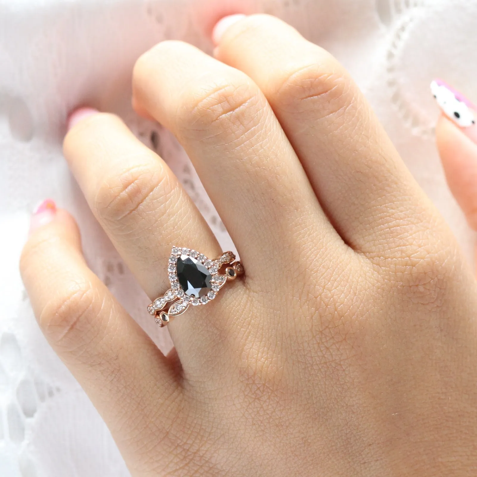 Luna Halo Black Diamond Pear Ring Set w/ Black and White Diamond Wedding Band