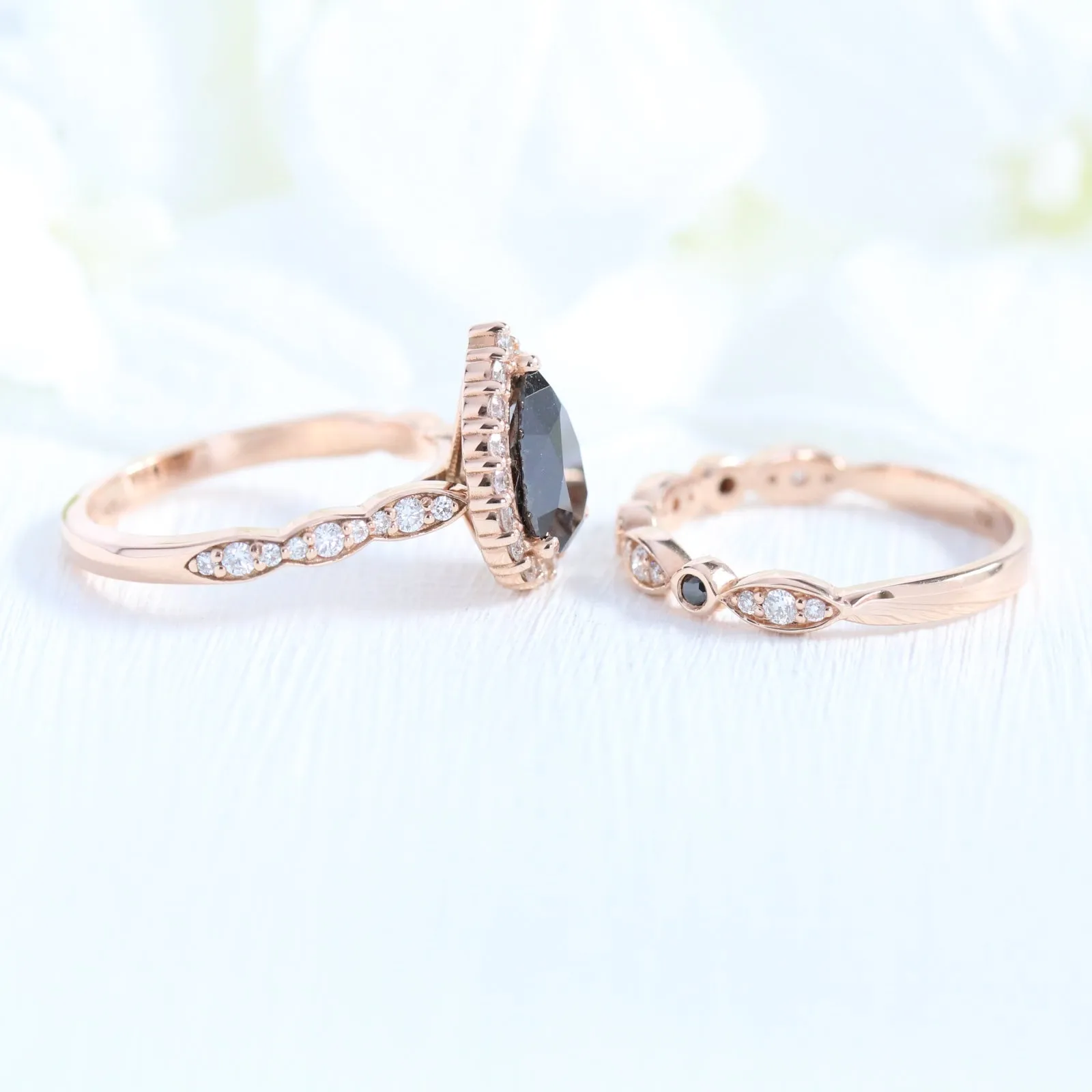 Luna Halo Black Diamond Pear Ring Set w/ Black and White Diamond Wedding Band