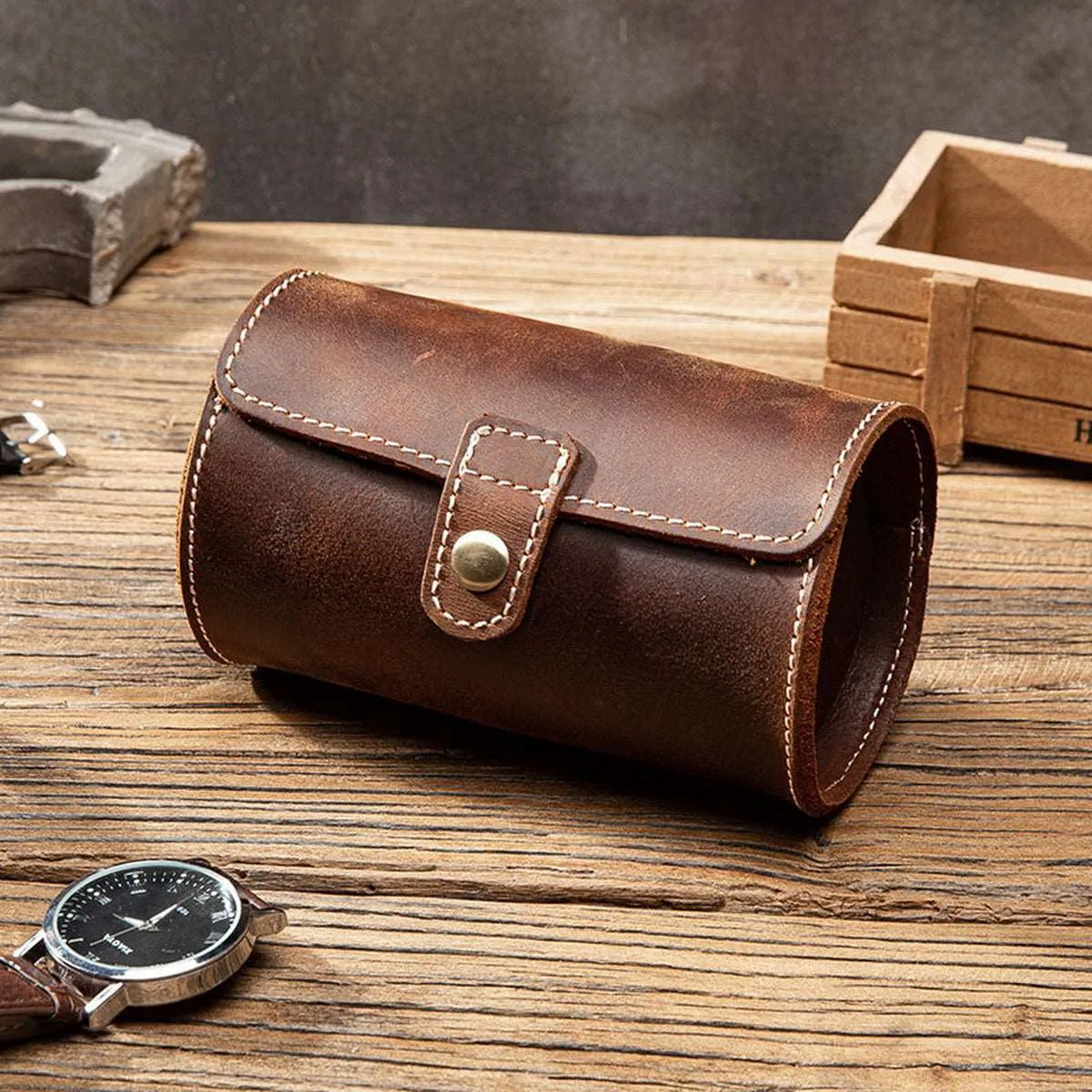 Luxury 2 Watch Travel Case Made of Genuine Cowhide Leather