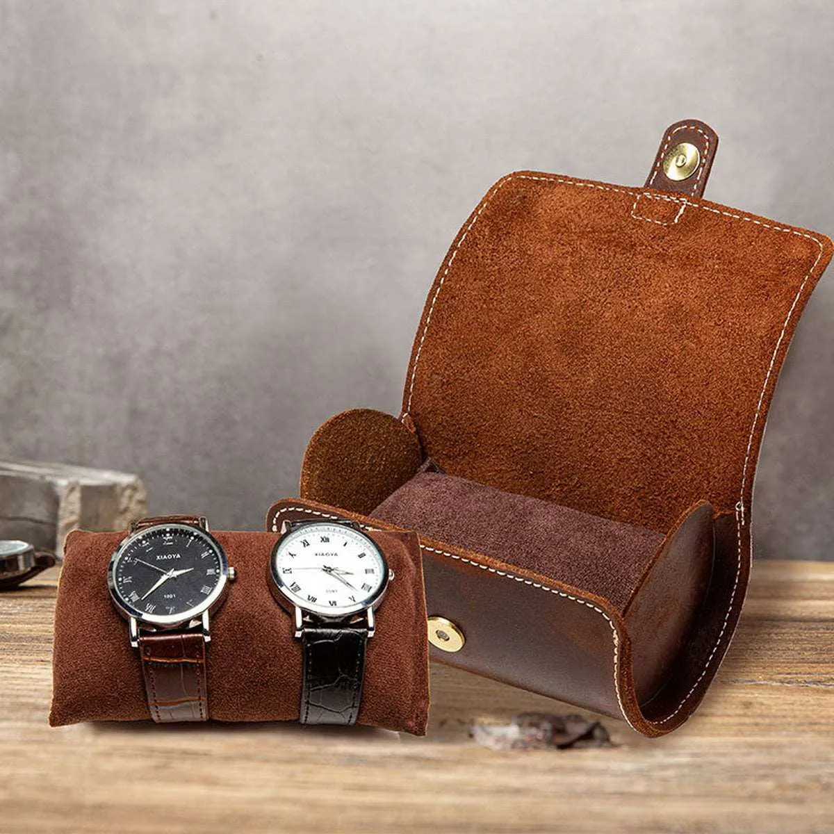 Luxury 2 Watch Travel Case Made of Genuine Cowhide Leather