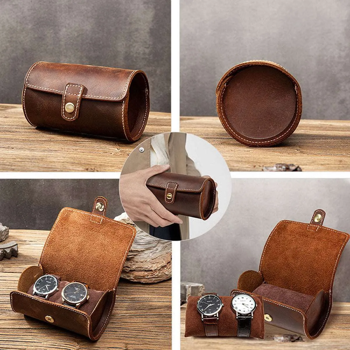 Luxury 2 Watch Travel Case Made of Genuine Cowhide Leather
