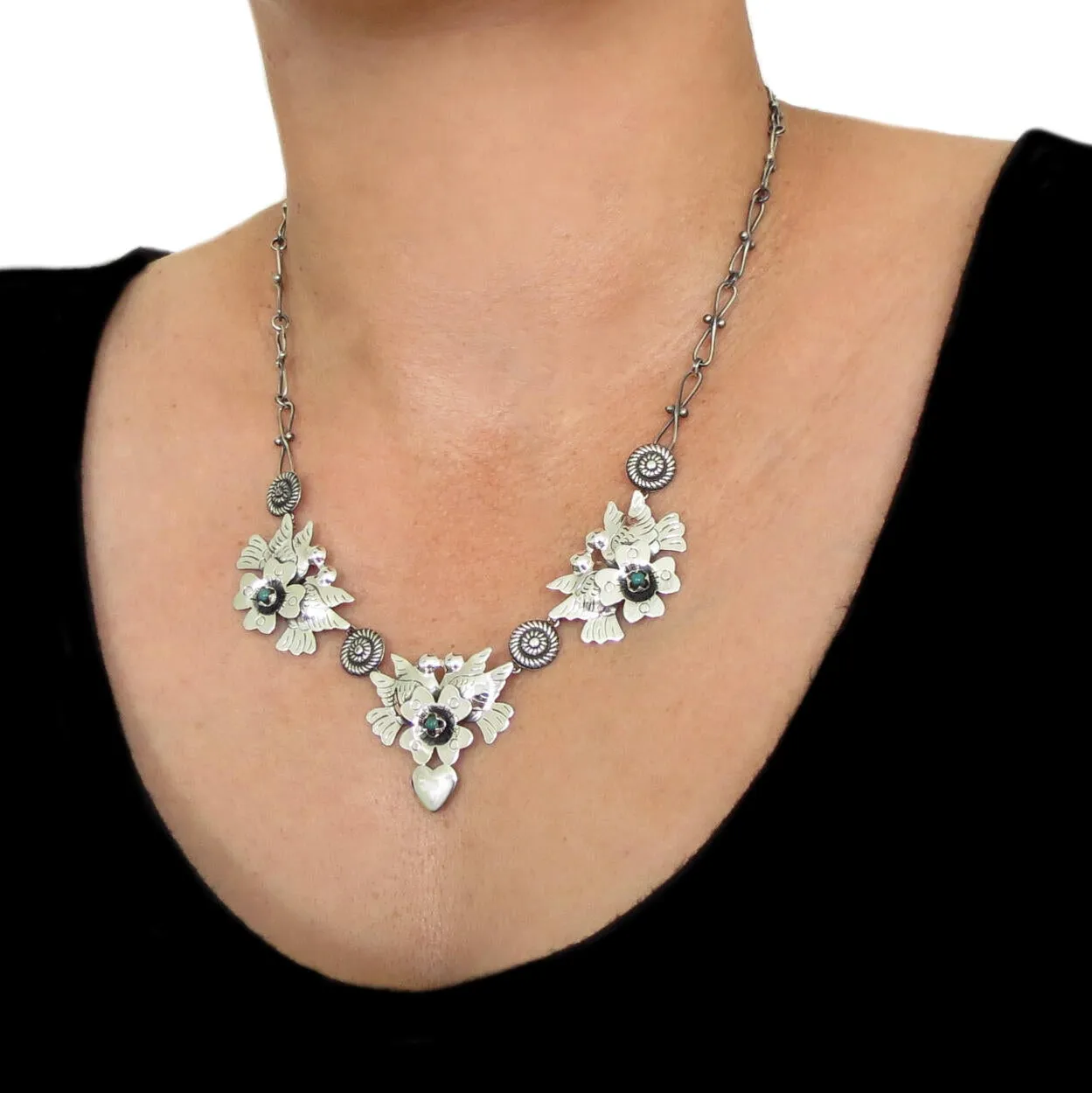 Maria Belen Mexican Sterling Silver Dove and Heart Turquoise Necklace