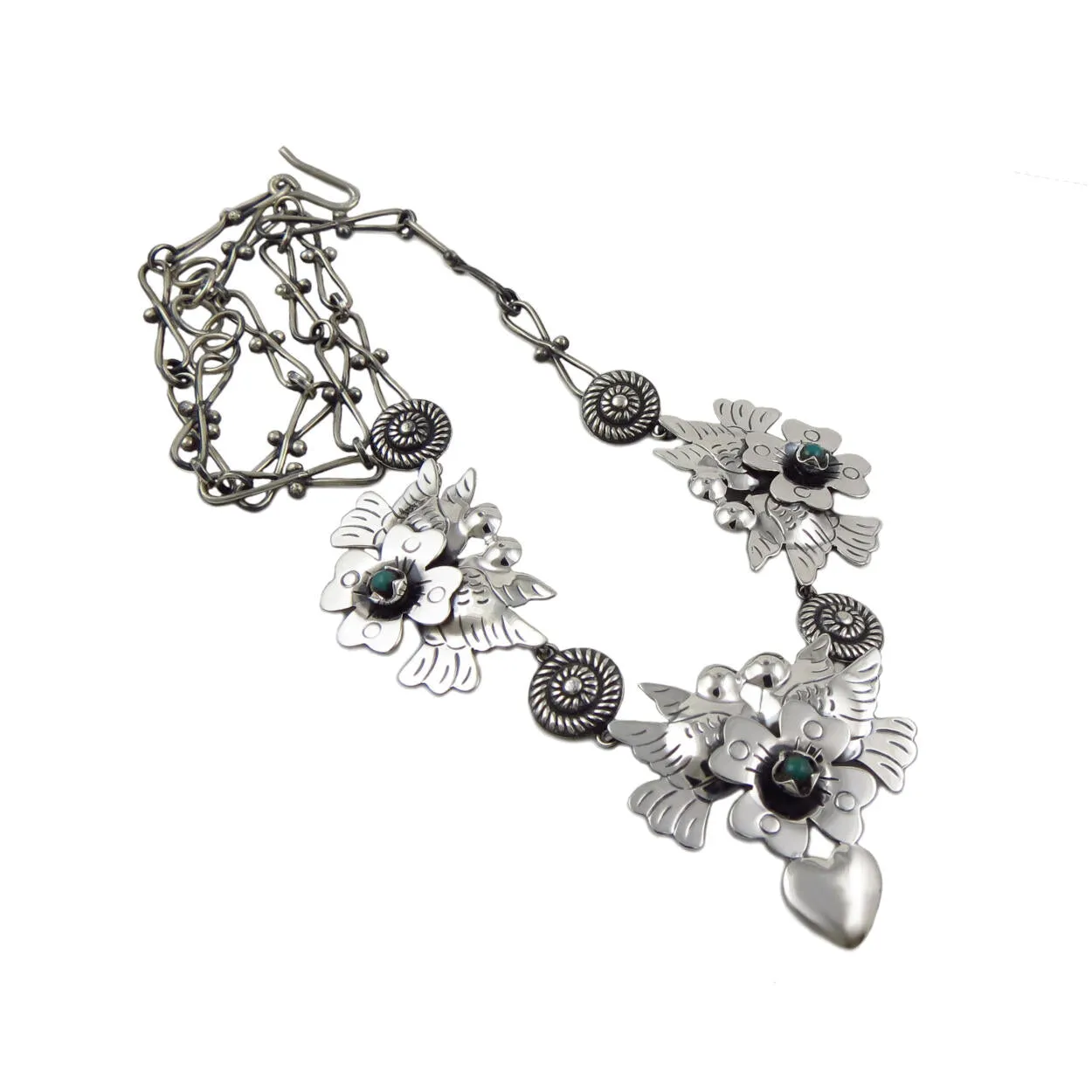 Maria Belen Mexican Sterling Silver Dove and Heart Turquoise Necklace