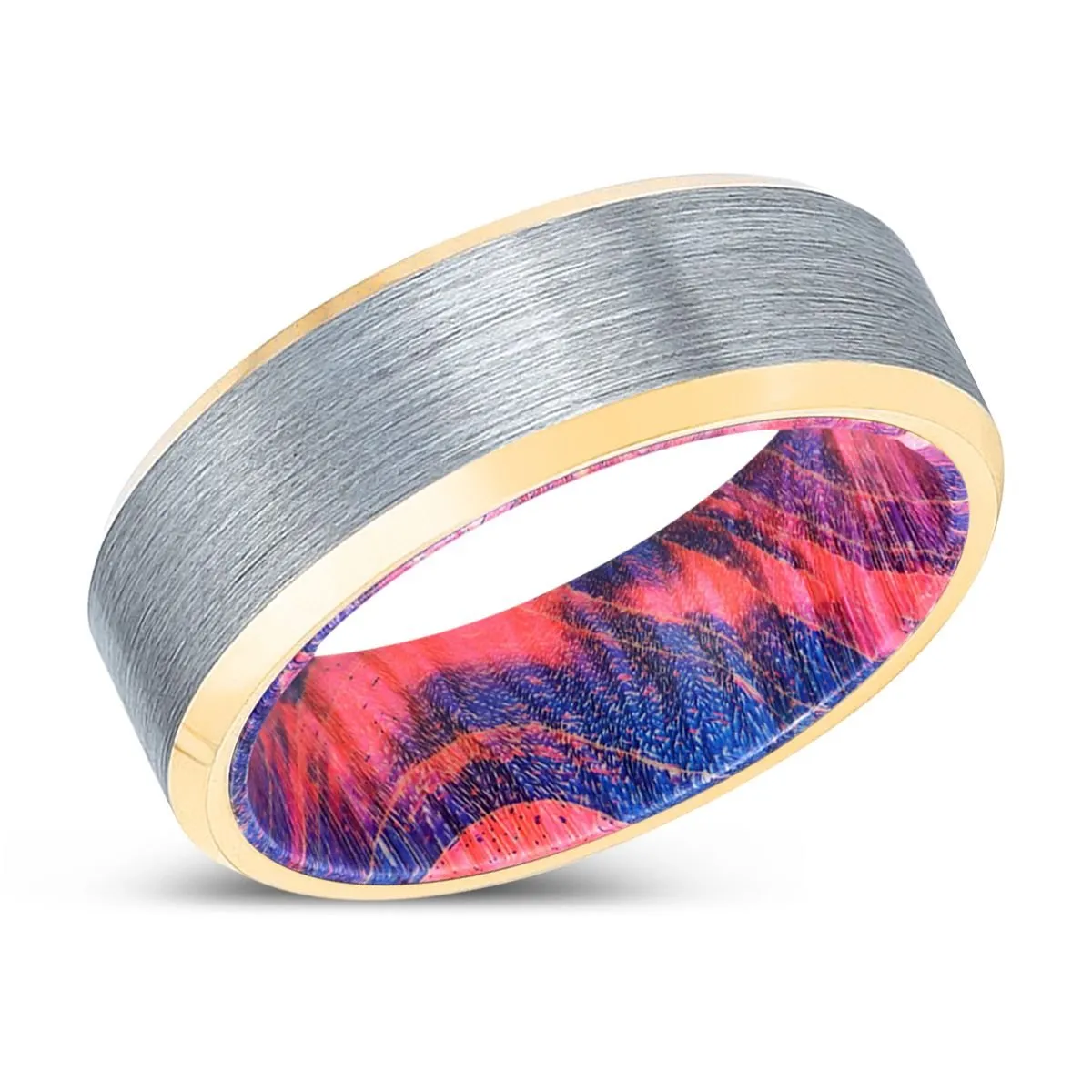 MARWAN | Blue & Red Wood, Brushed, Silver Tungsten Ring, Gold Beveled Edges