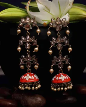 Meenakari Long Chandelier Orange Kundan Jhumki