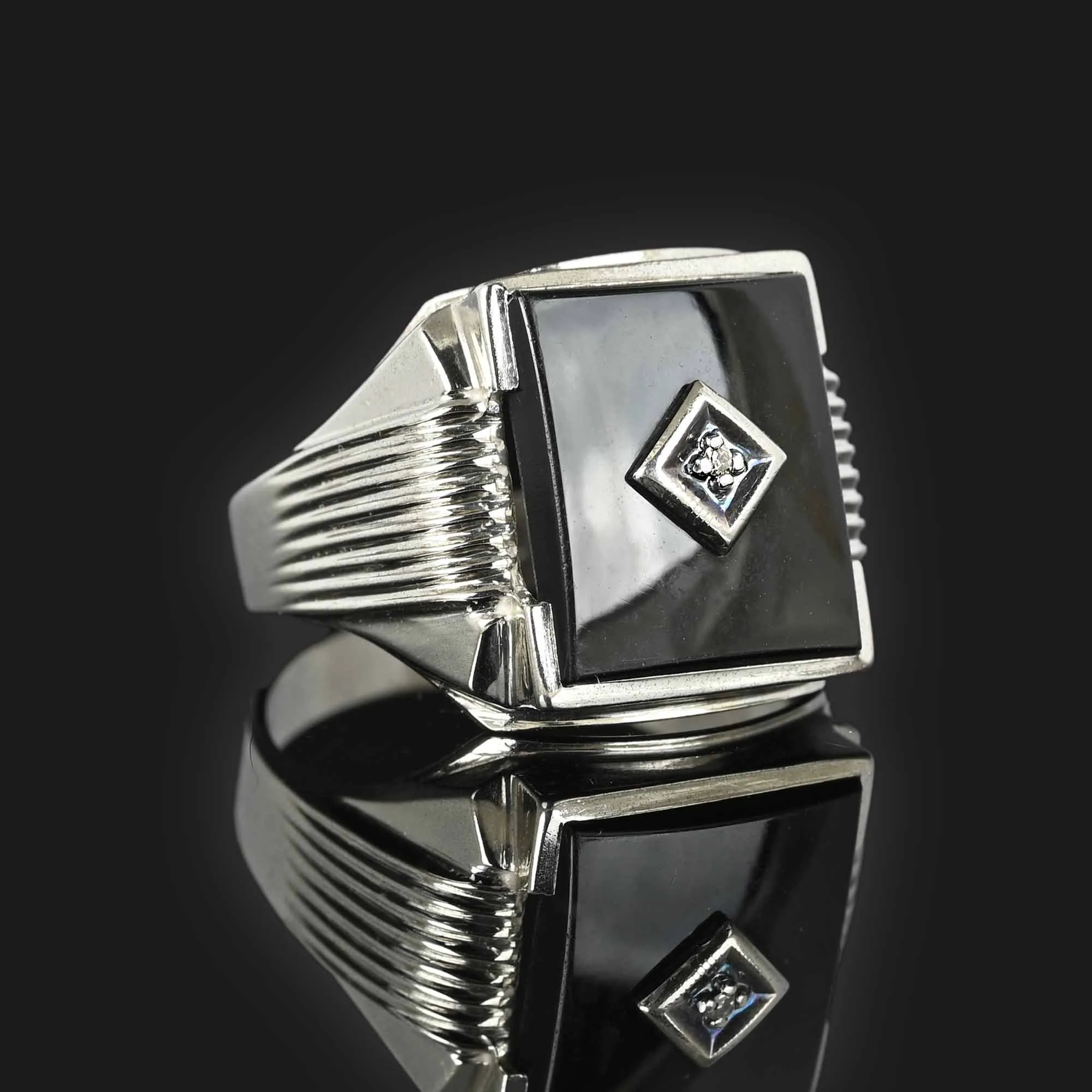 Mens 14K White Gold Diamond Onyx Ring