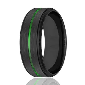 Men's Black Tungsten Carbide Wedding Ring with Acid Green Grooved Center 8mm