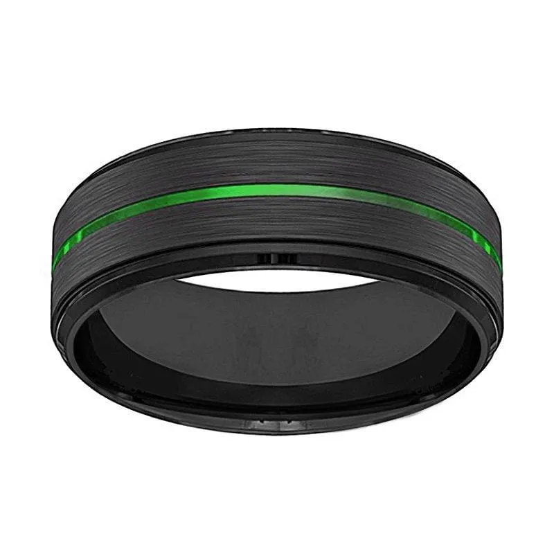 Men's Black Tungsten Carbide Wedding Ring with Acid Green Grooved Center 8mm