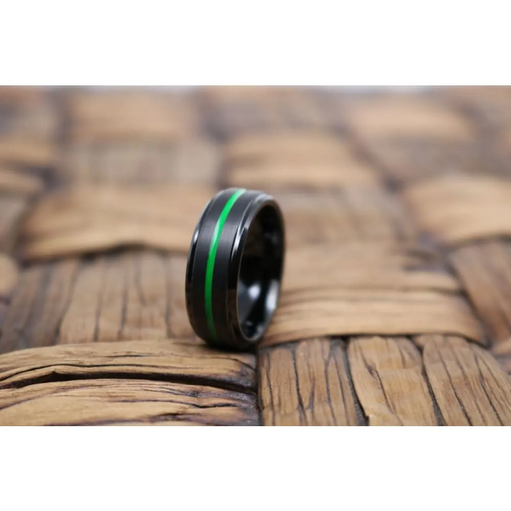 Men's Black Tungsten Carbide Wedding Ring with Acid Green Grooved Center 8mm