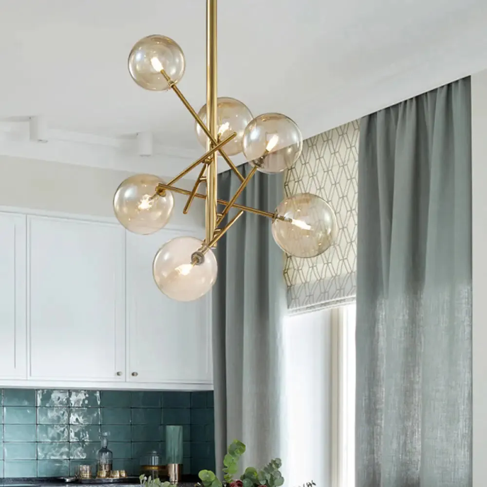Modern Cognac Glass Globe Chandelier - 6/8 Heads, Starburst Design - Ideal for Bedroom Ceiling Lighting