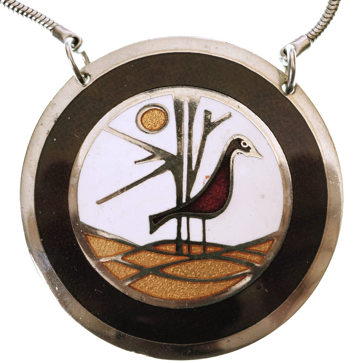 Modernist de Passille Sylvestre Enamel Pendant Necklace Bird Design Quebec Artisans