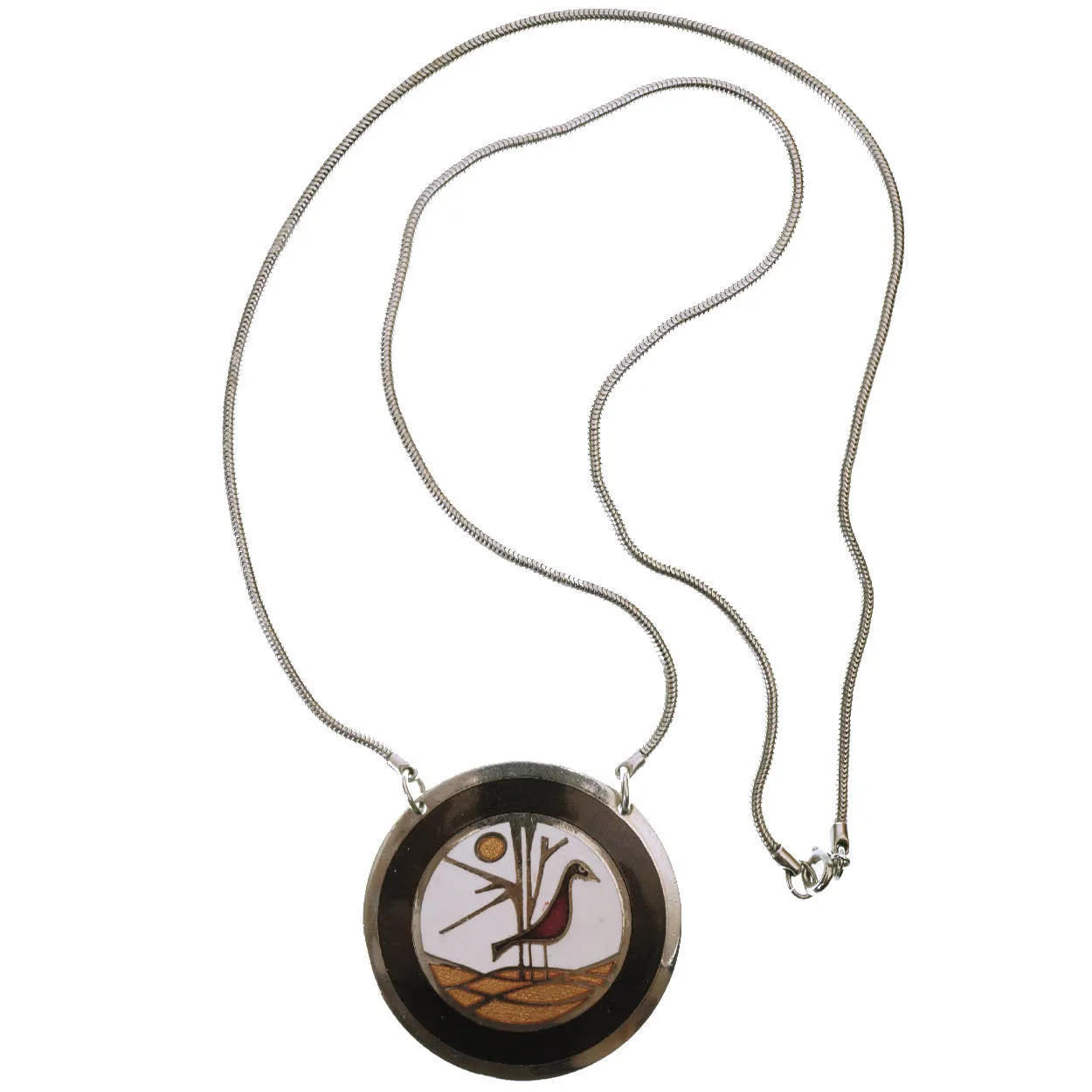Modernist de Passille Sylvestre Enamel Pendant Necklace Bird Design Quebec Artisans
