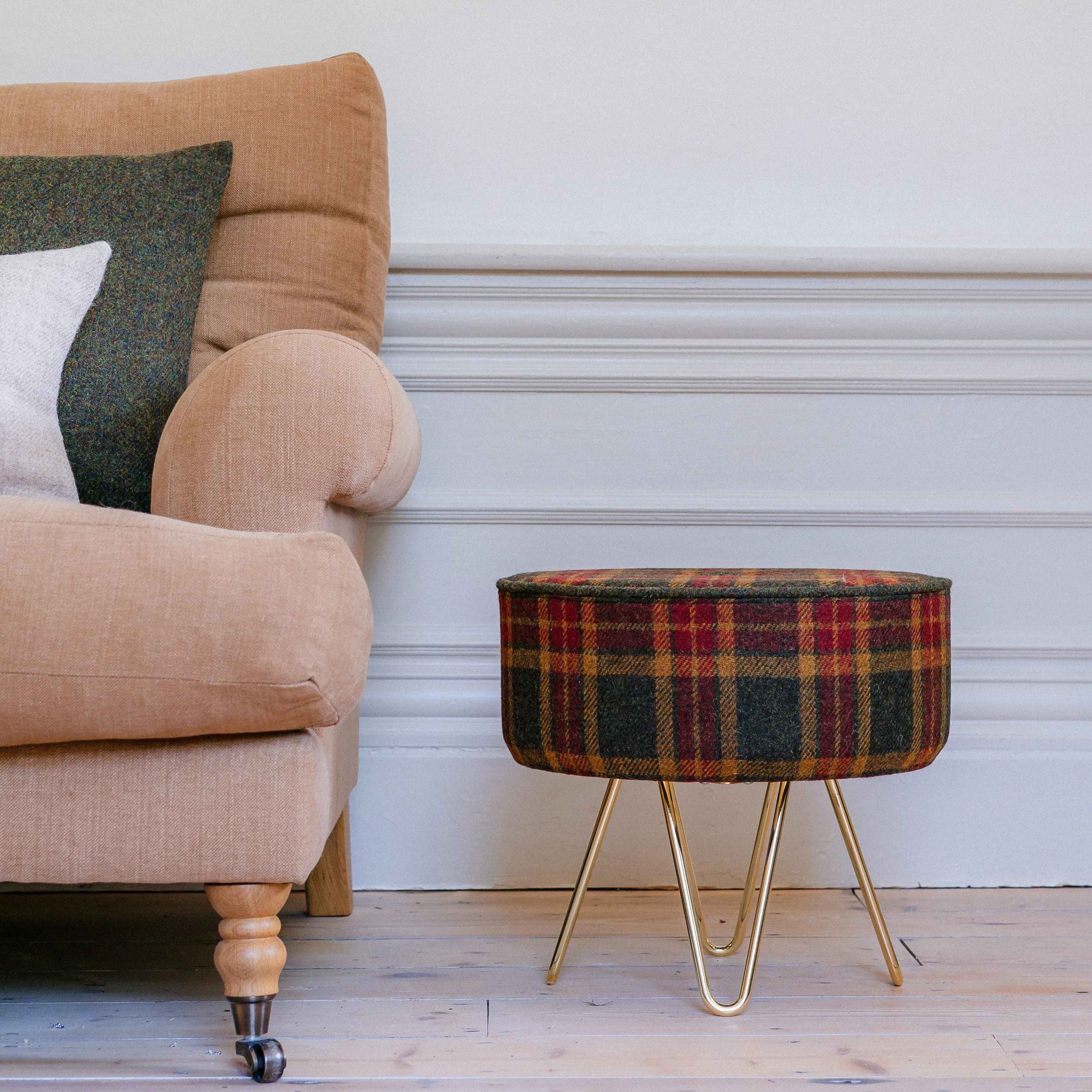 Moss, Gingerbread & Wine Tartan Footstool with Button