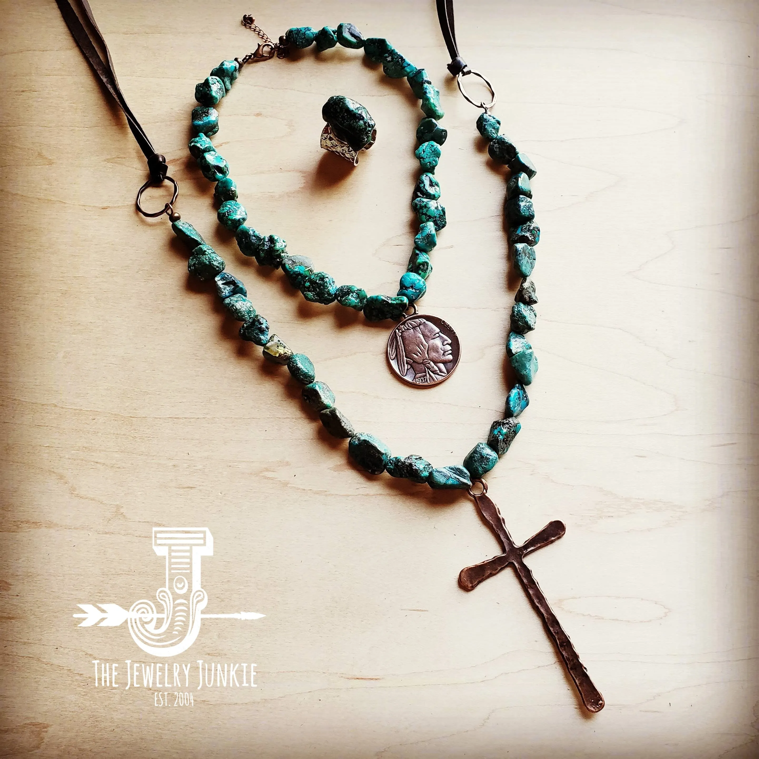 Natural Turquoise Necklace with Large Copper CROSS Pendant 242u