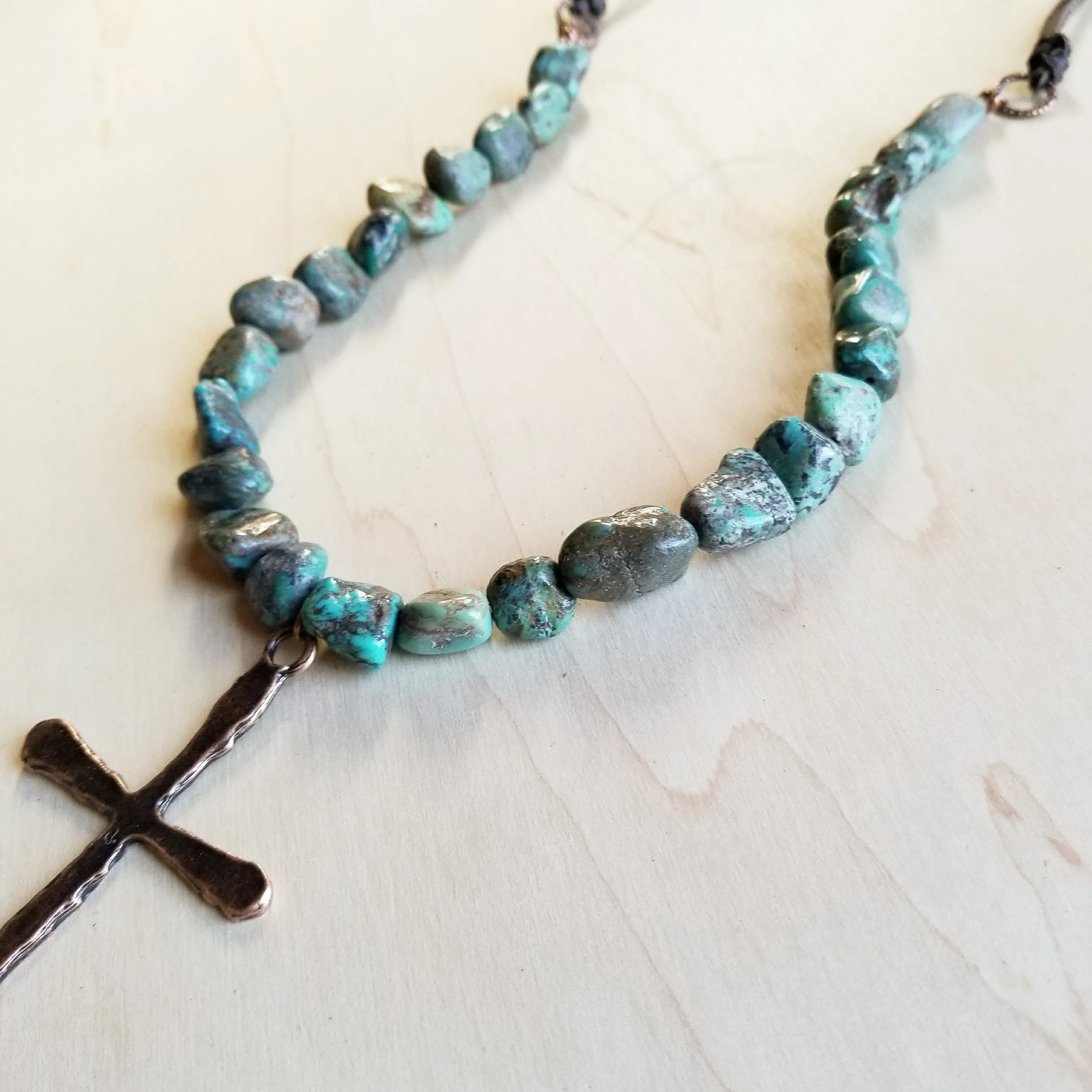 Natural Turquoise Necklace with Large Copper CROSS Pendant 242u