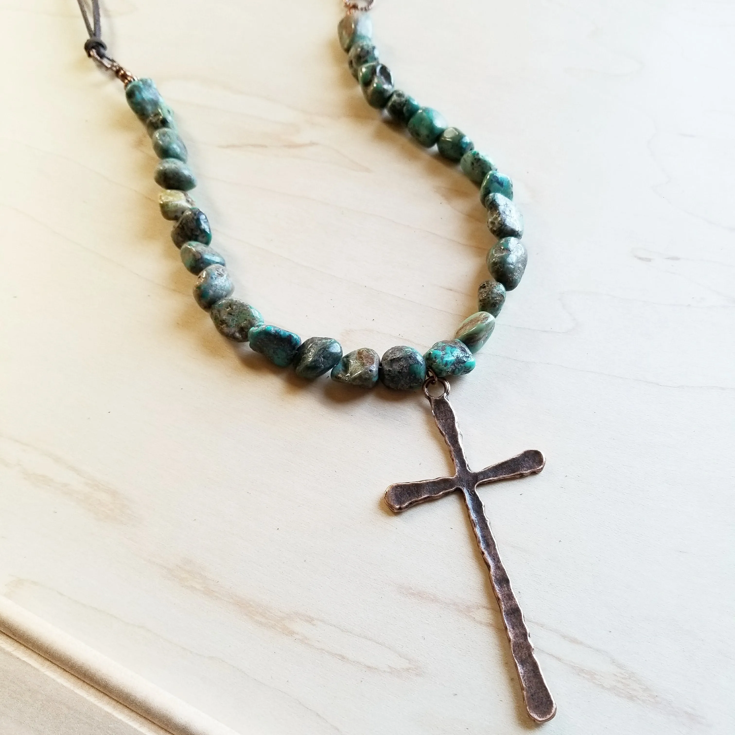 Natural Turquoise Necklace with Large Copper CROSS Pendant 242u