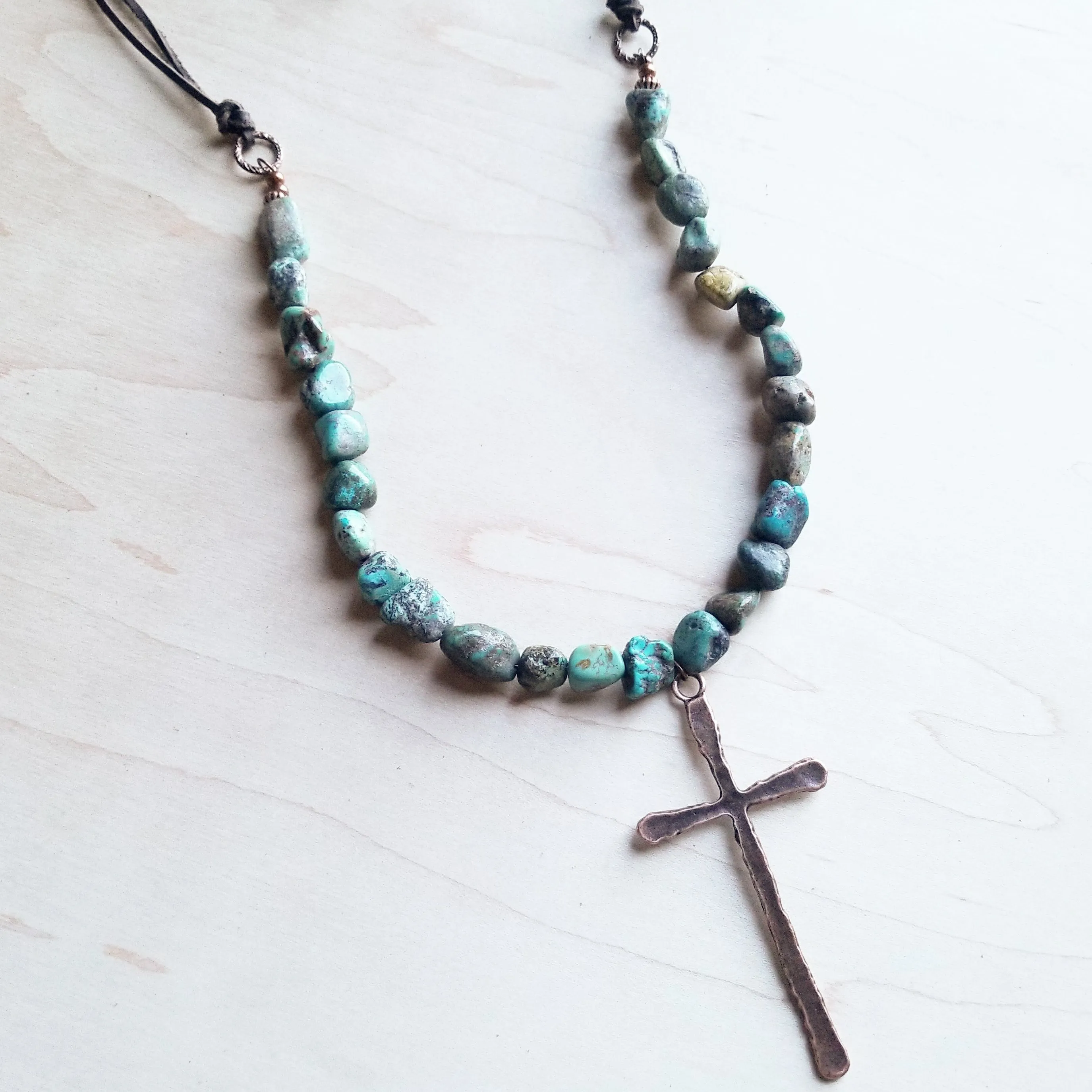 Natural Turquoise Necklace with Large Copper CROSS Pendant 242u