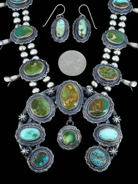 Navajo Natural Manassa Turquoise Sterling Silver Squash Blossom Necklace Set