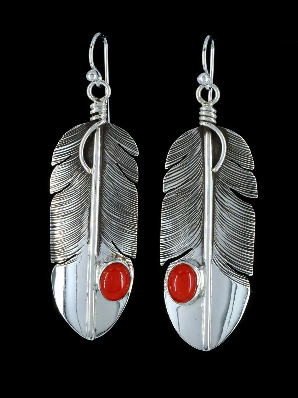 Navajo Sterling Silver Coral Feather Dangle Earrings