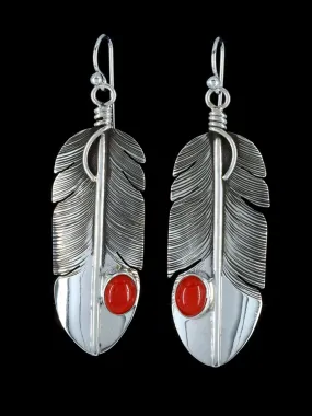 Navajo Sterling Silver Coral Feather Dangle Earrings