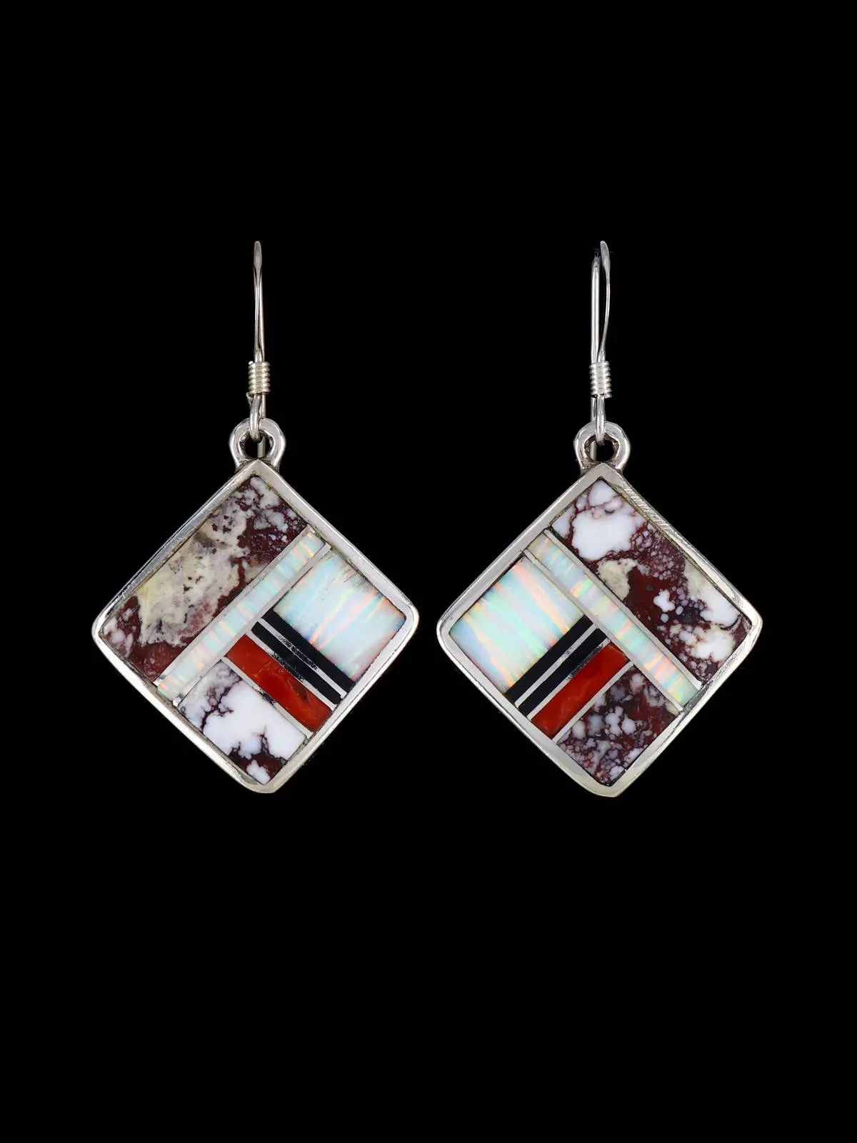 Navajo Wild Horse and Opalite Sterling Silver Dangle Earrings