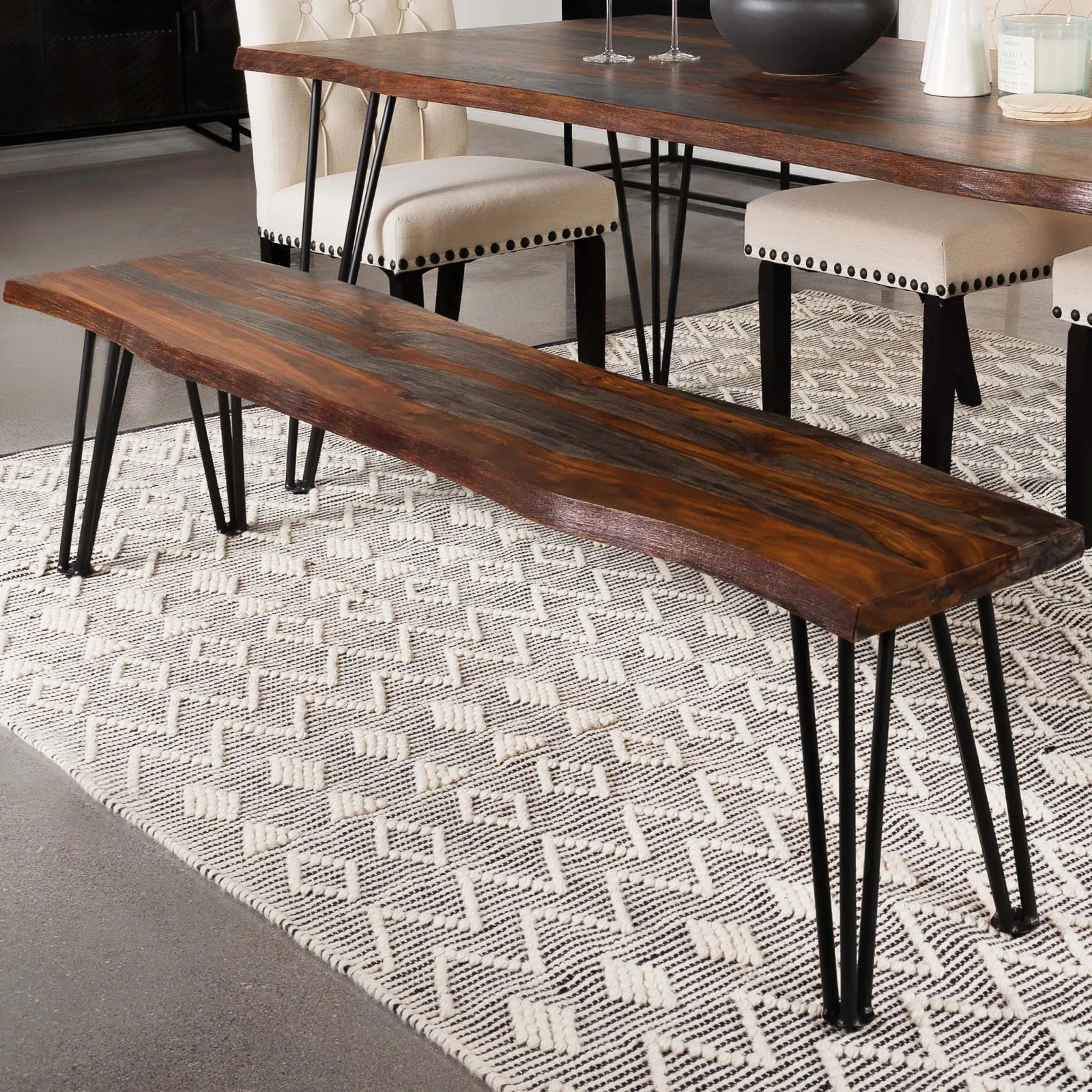 Neve Sheesham Gray/Gunmetal Live-edge Dining Bench with Hairpin Legs