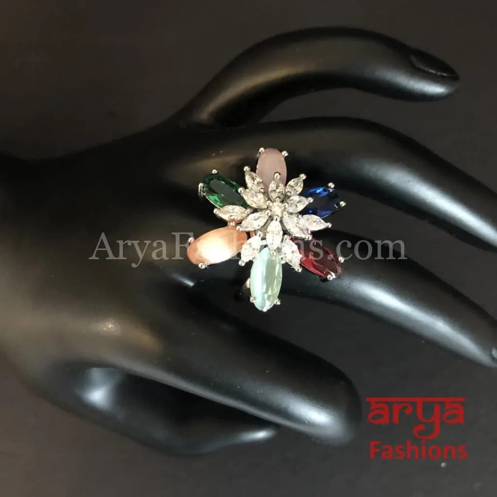 Nisha Cubic Zirconia Statement Silver Cocktail Ring