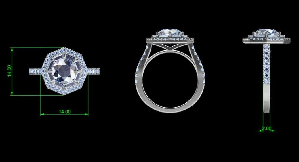 Octagonal Baguette and Round Double Halo Diamond Engagement Ring