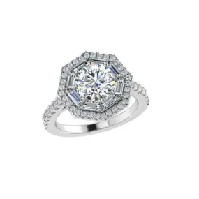 Octagonal Baguette and Round Double Halo Diamond Engagement Ring