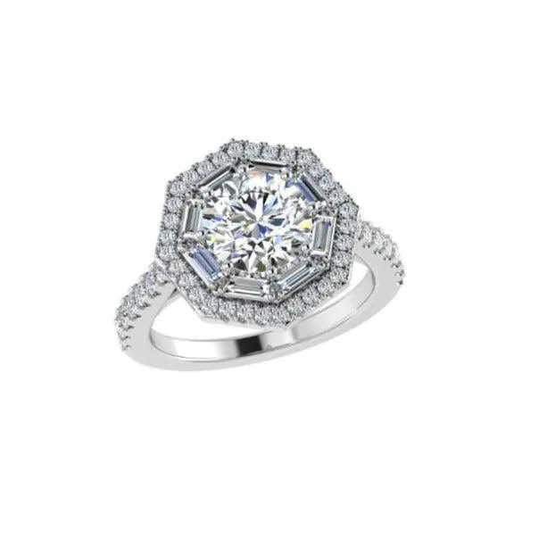 Octagonal Baguette and Round Double Halo Diamond Engagement Ring