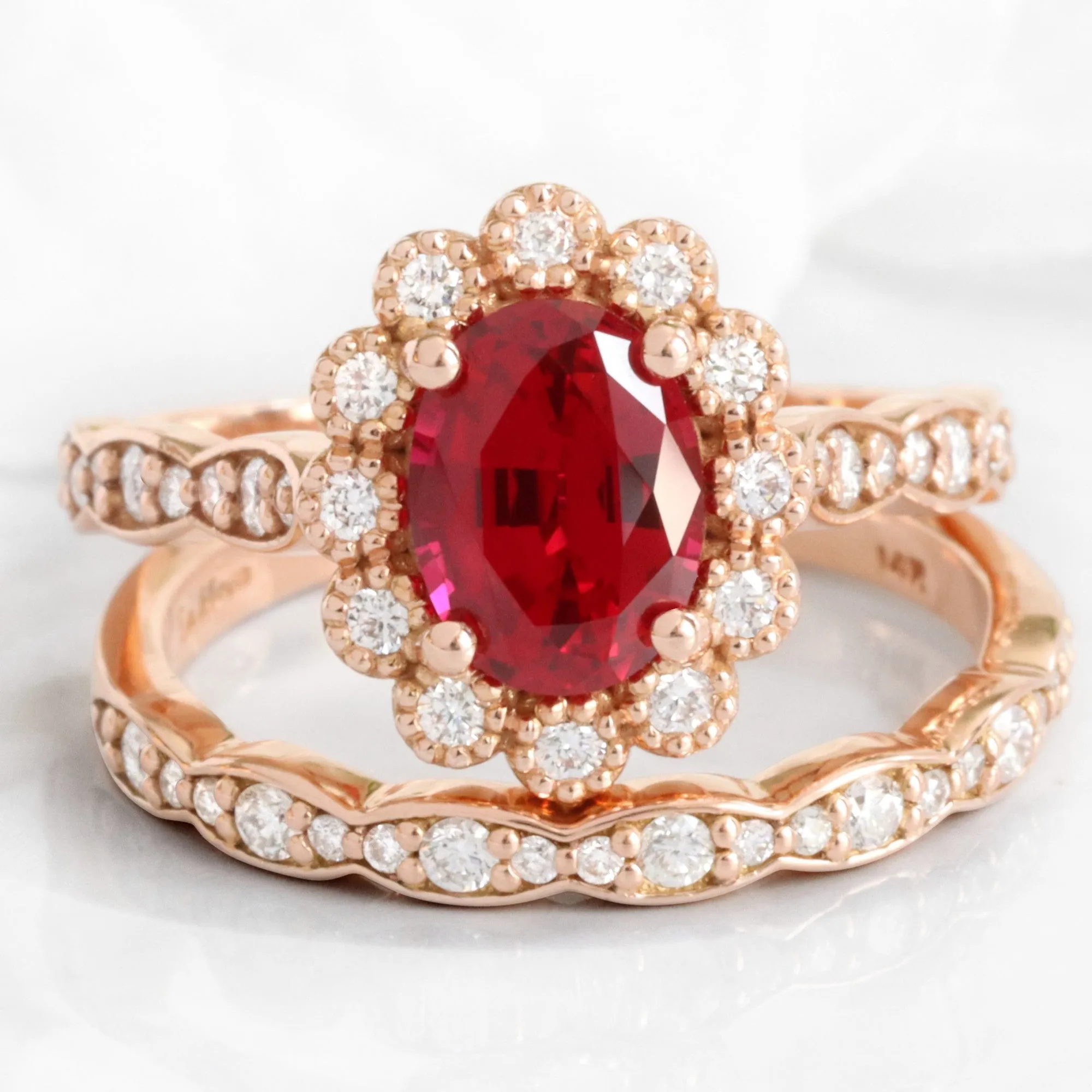 Oval Ruby Diamond Ring Bridal Set w/ Matching Wedding Band in Vintage Luna Halo