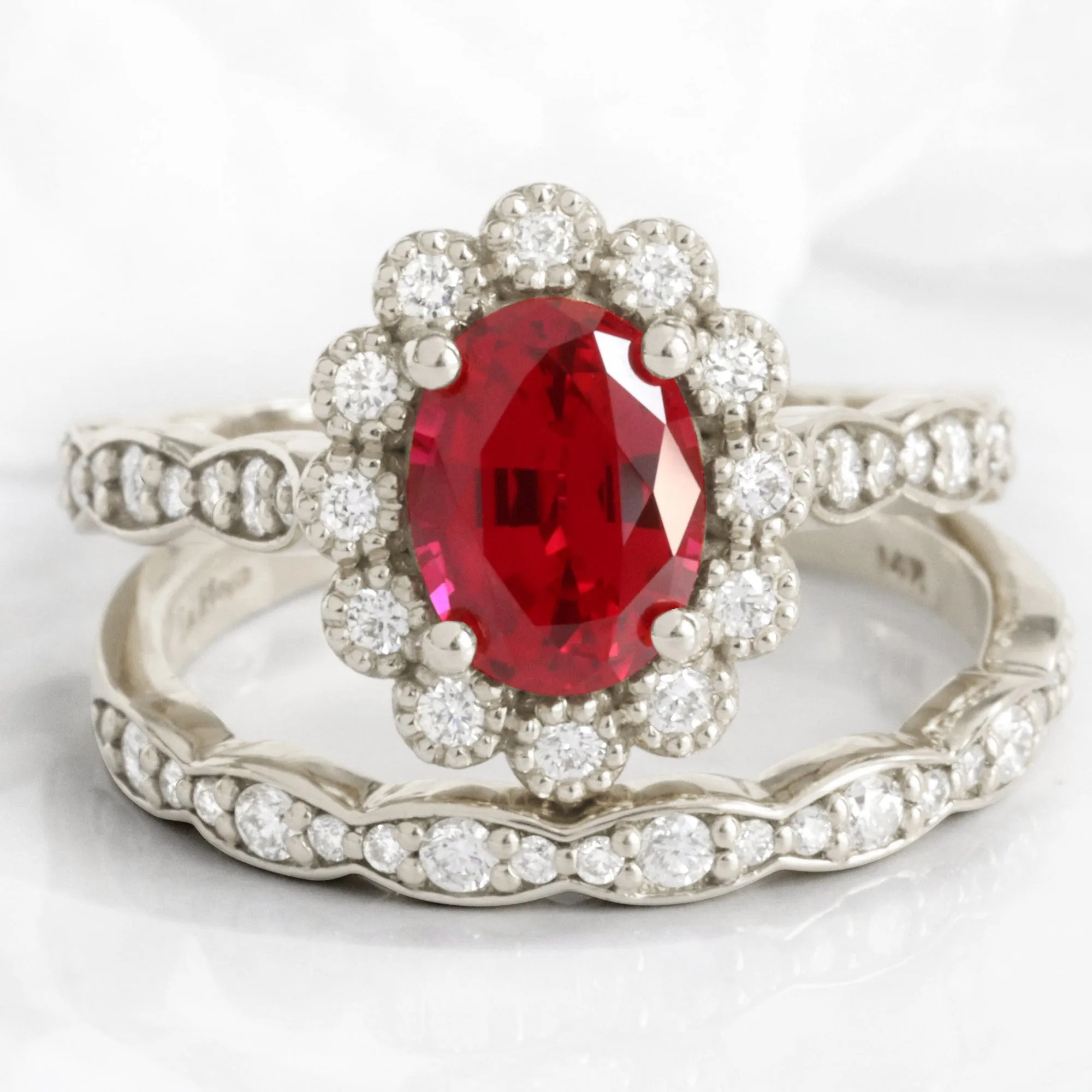 Oval Ruby Diamond Ring Bridal Set w/ Matching Wedding Band in Vintage Luna Halo