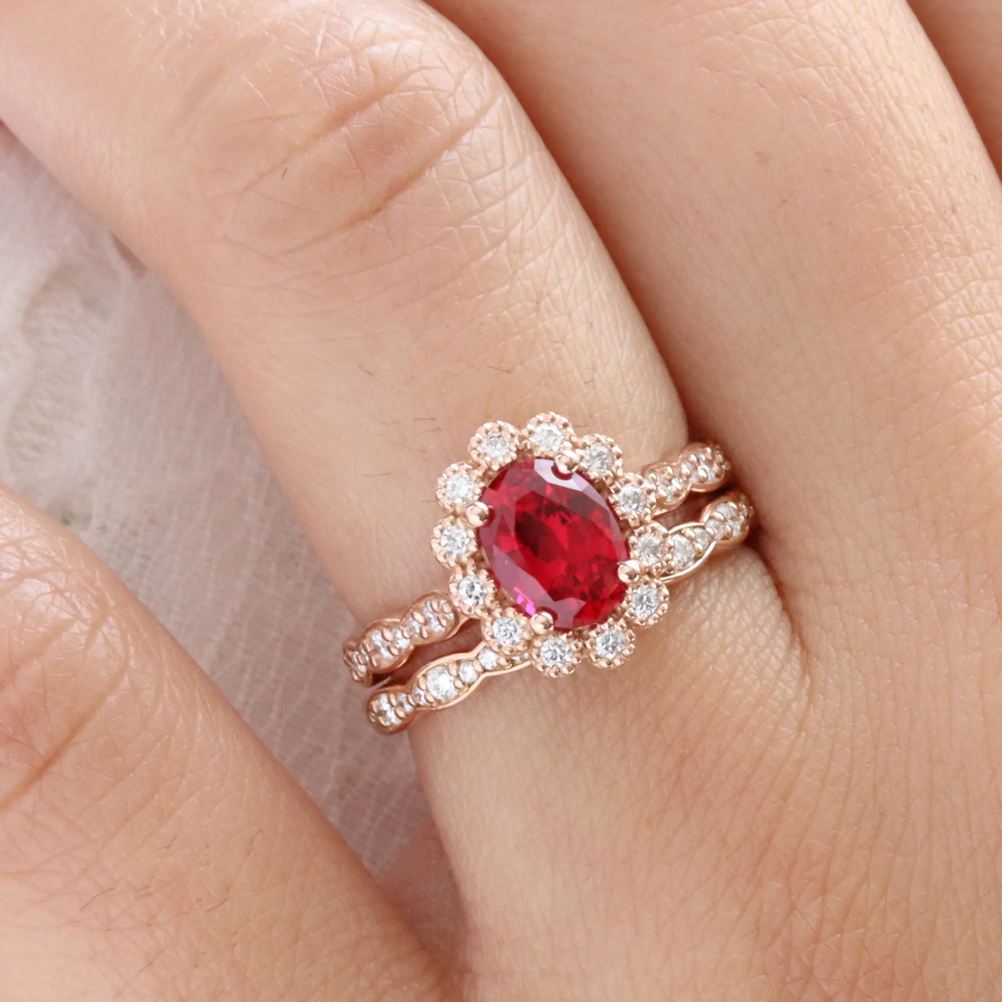 Oval Ruby Diamond Ring Bridal Set w/ Matching Wedding Band in Vintage Luna Halo